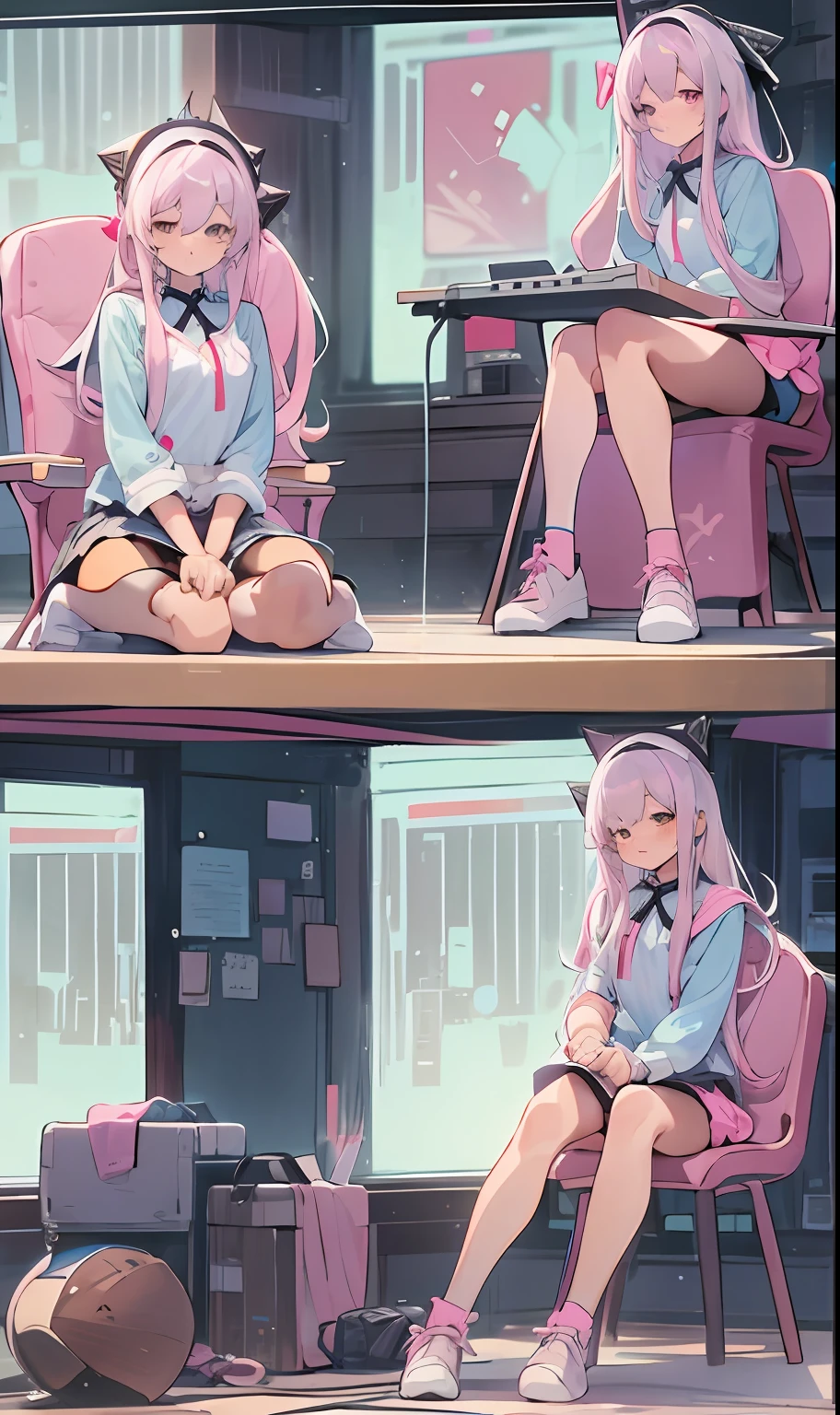 super detail, ccurate, best quality, highres,Being in the room,A girl was sitting in a chair,Raise your legs to your chest,Wrap your arms around your knees,Lazy expression,Looking at the computer screen tiredly,wearing casual cloths,A blue short blouse tied up,navel,pink Ultra short skirt,black over-the-knee socks,white long straight hair