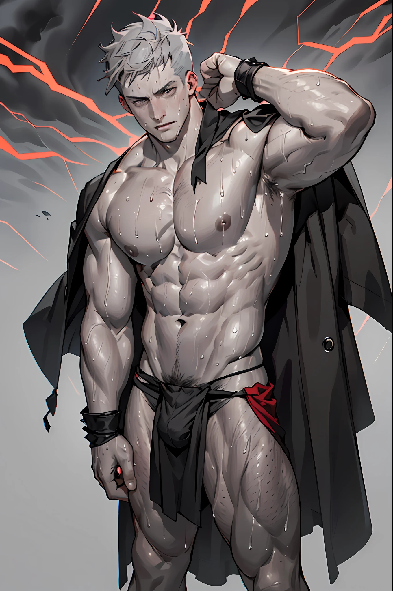 ((Top Quality, 8k, Masterpiece: 2), fit boy with gray skin, david laid, (Male Focus), armpit, masculine shape, masculine, rough, raised , sexy, correct anatomy::, photorealistc, model, Full Body, almost naked, POV, top angle,correct anatomy, explicit content,bara, pubic hair, dripping, very short hair, dark brown hair,(sweat:1.3), bodily fluids, precum, pain expression,hd, dark shadows, (black loincloth:1.5), handsome man with dark gray skin and a toga wrapped around his waist, white hair, short haircut, wavy hair, curly white hair, man with gray reptile scales on his skin, scaly skin texture, stormy background, black clouds in the background with red lightning, 8K, artgem, (gray skin:1.75)