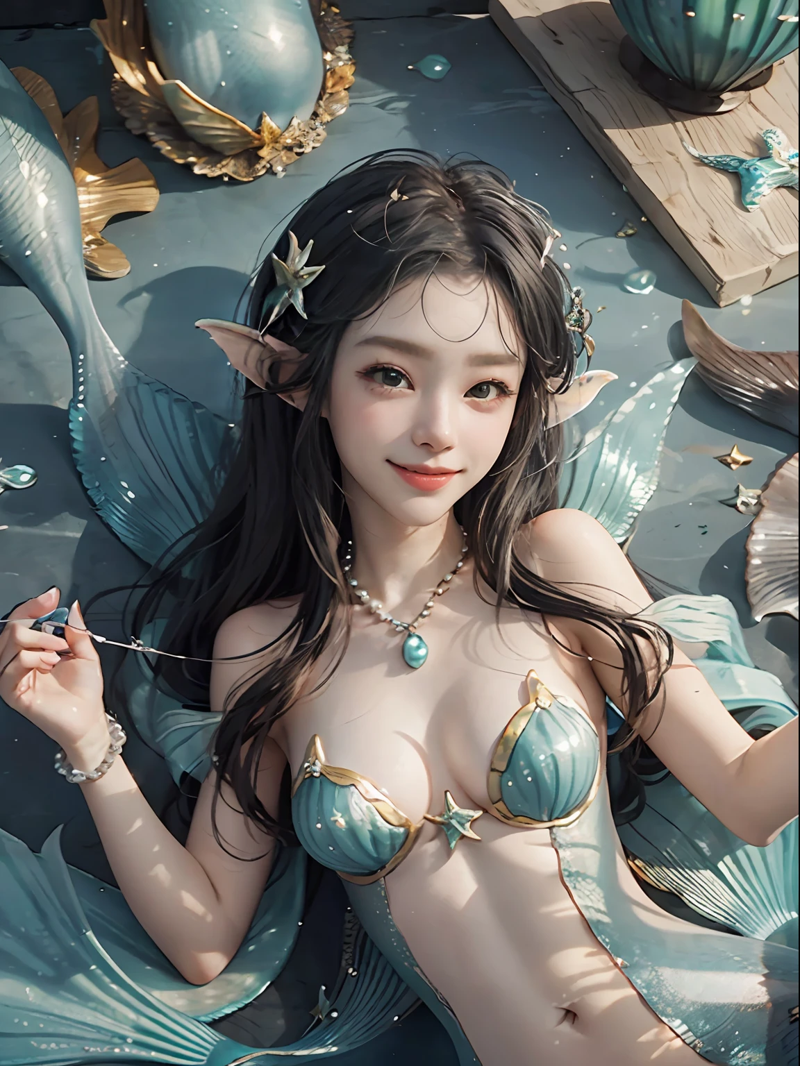 Fold, Best Quality, illumination, (((Mermaids smiling))), Sea, Stone tablets, elves, Mussel pearls in hand
