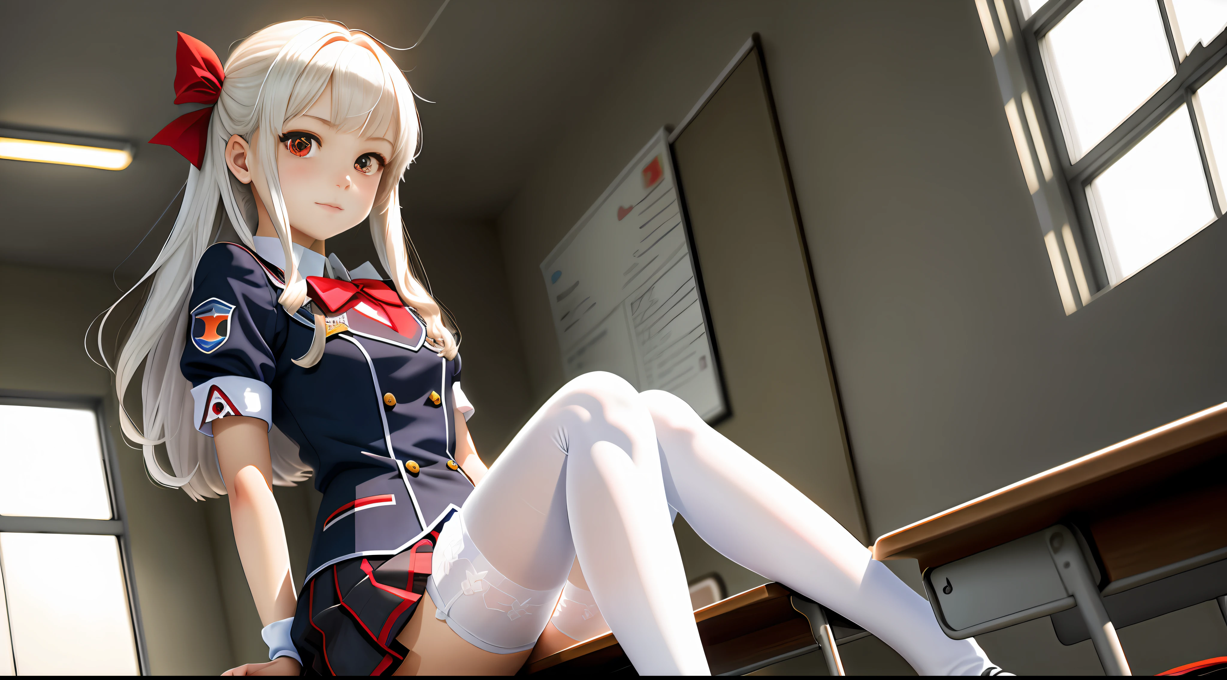 tmasterpiece,one-girl,JK,adolable,best qualtiy,Classroom,eventide,the setting sun,style of anime,quadratic element,White over-the-knee stockings,Ray traching,whaite hair,Red eyes