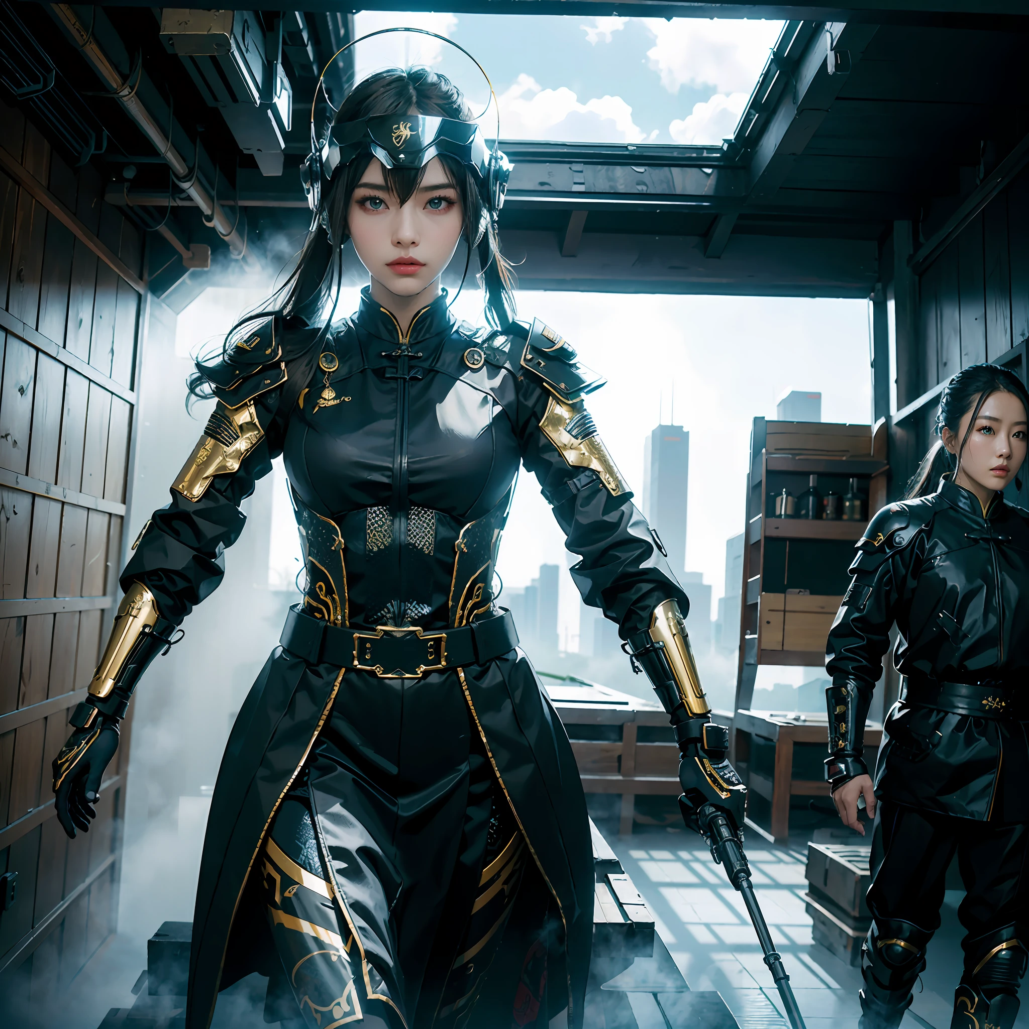 in a panoramic view,photorealestic,cyber punk style,Blue sky, Modern Great Wall defense base,3girl,Wear black Chinese clothing,Dressed in gorgeous gold Chinese high-tech armor,Wearing a gold high-tech helmet,Black mask,High-tech motorcycle,holding sabre,Carrying a laser gun,Stand in front of the Great Wall,Sharp eyes,professinal,Meistwick,commissioned,best qualtiy,color corrected,After fixation,Retouching,Improvement,Epic,Tone-mapping,the detail, highly detailed, digitial painting, art stations, Conceptual map of the long dam, Smoothness, Sharp focus, Beautiful illustration, photore, The light from the back window is backlighted, 动态照明, Mist, 复杂, cinematic grain, professinal, face to the viewer,(Beautiful m3d_woman, Perfect M3D_face,), Volumetriclighting, subsurfacescattering, Good highlights, Good shadows, cinematic ligh