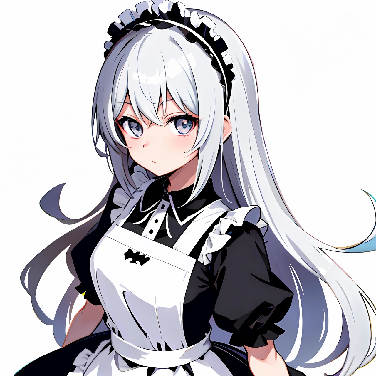 whaite hair+Cute anime girl in black and white dress in maid outfit, Visual image in moe anime art style。