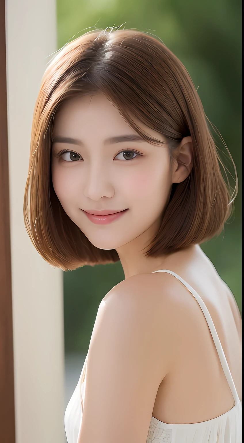 ((Best Quality, 8K, Masterpiece: 1.3)), 1 Girl, Slim Abs Beauty: 1.3, (Hairstyle Brown Hair Shortcut, Big: 1.2), Dress: 1.1, Super Slender Face, Delicate Eyes, Double Eyelids, Smile, Home, Raw Photo