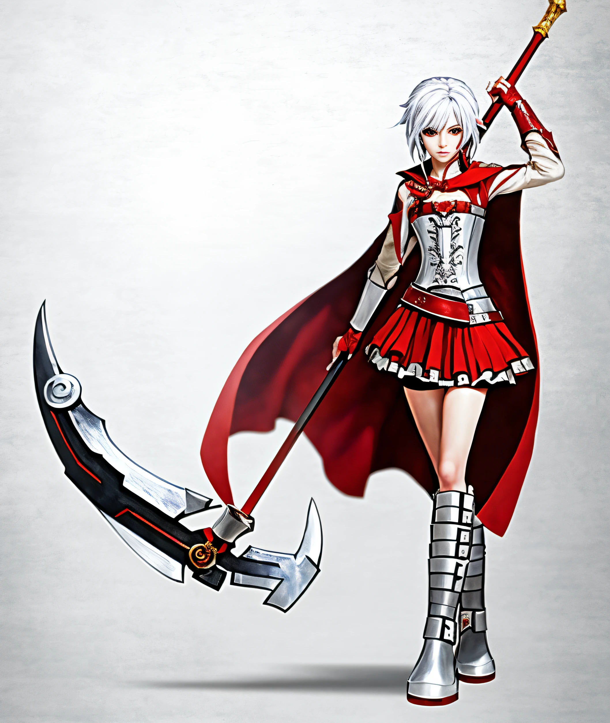 A lady in a costume holding a sword，clean lineart，red capelet，silver armor and red clothing，Fantasy Scythe，natalie from epic battle fantasy，linear art，bold lineart。