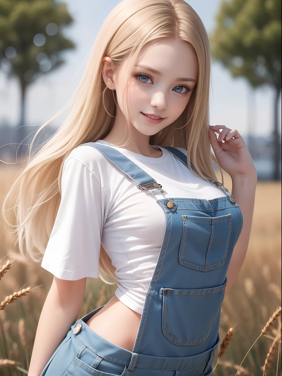masuter piece, best qualtiy, (realisitic, Photorealsitic:1.37), ((独奏)), 8K image quality, Extremely delicate and beautiful, splendid, Official art with attention to detail, Ridiculous, Unbelievably ridiculous, huge filesize, ultra-detailliert, ighly detailed, (Cute little girl s), (detailed girl), extremely detailed eye and face, Beautiful detailed eyes, Light makeup,, (Slender and perfect female figure), large full breasts, Slim waist, big butts, (Nordic beauty), blondehair, ((fullllbody)), ((Put the head in the frame)), ((white t-shirts)), ((Overalls clothing)), Wheat field, kindly smile