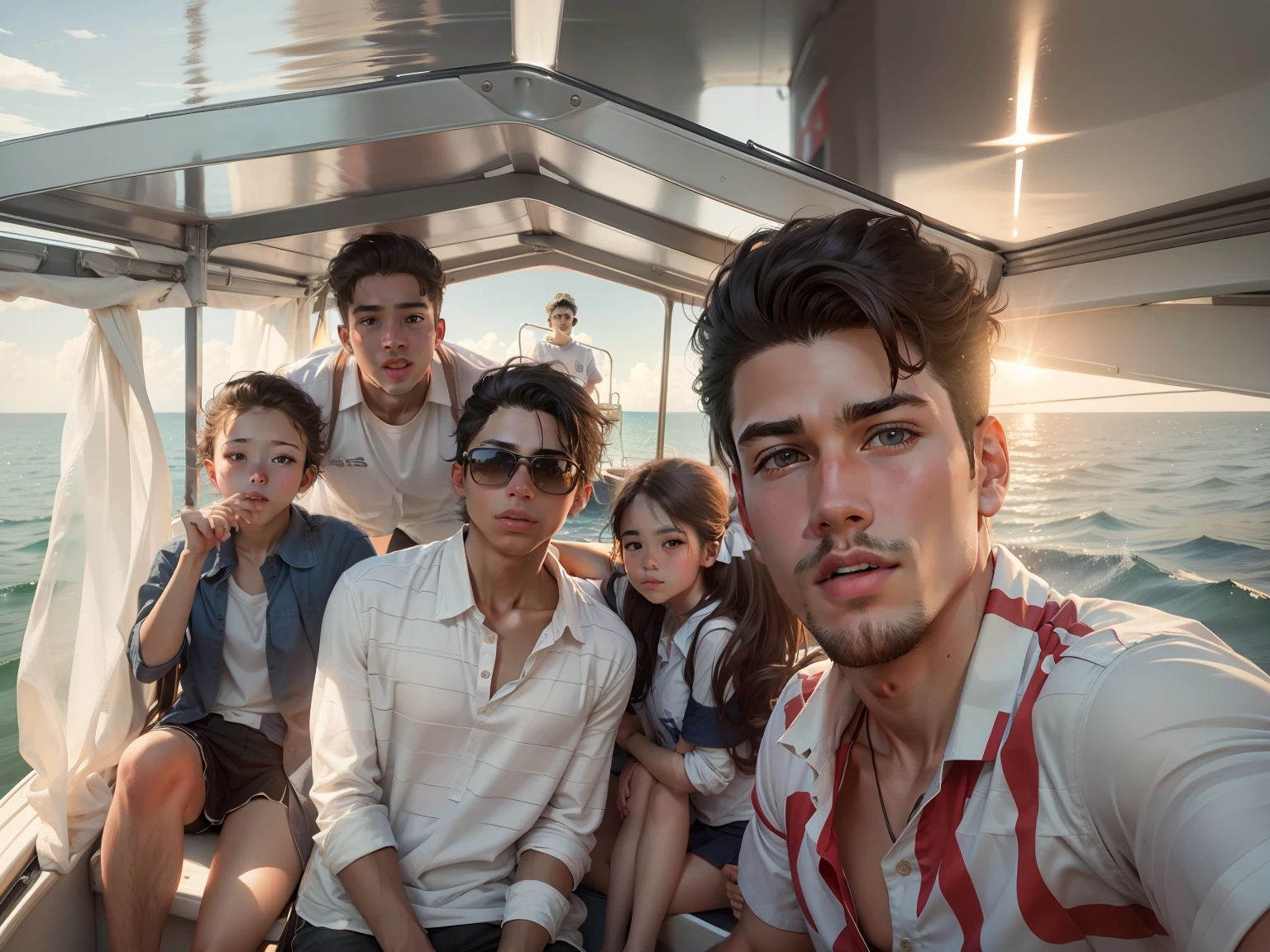 change background friends, tour,white shirt 2 girls and 3 boys, clean shaved highschool boy, on boat, Ultra realistic, 8k