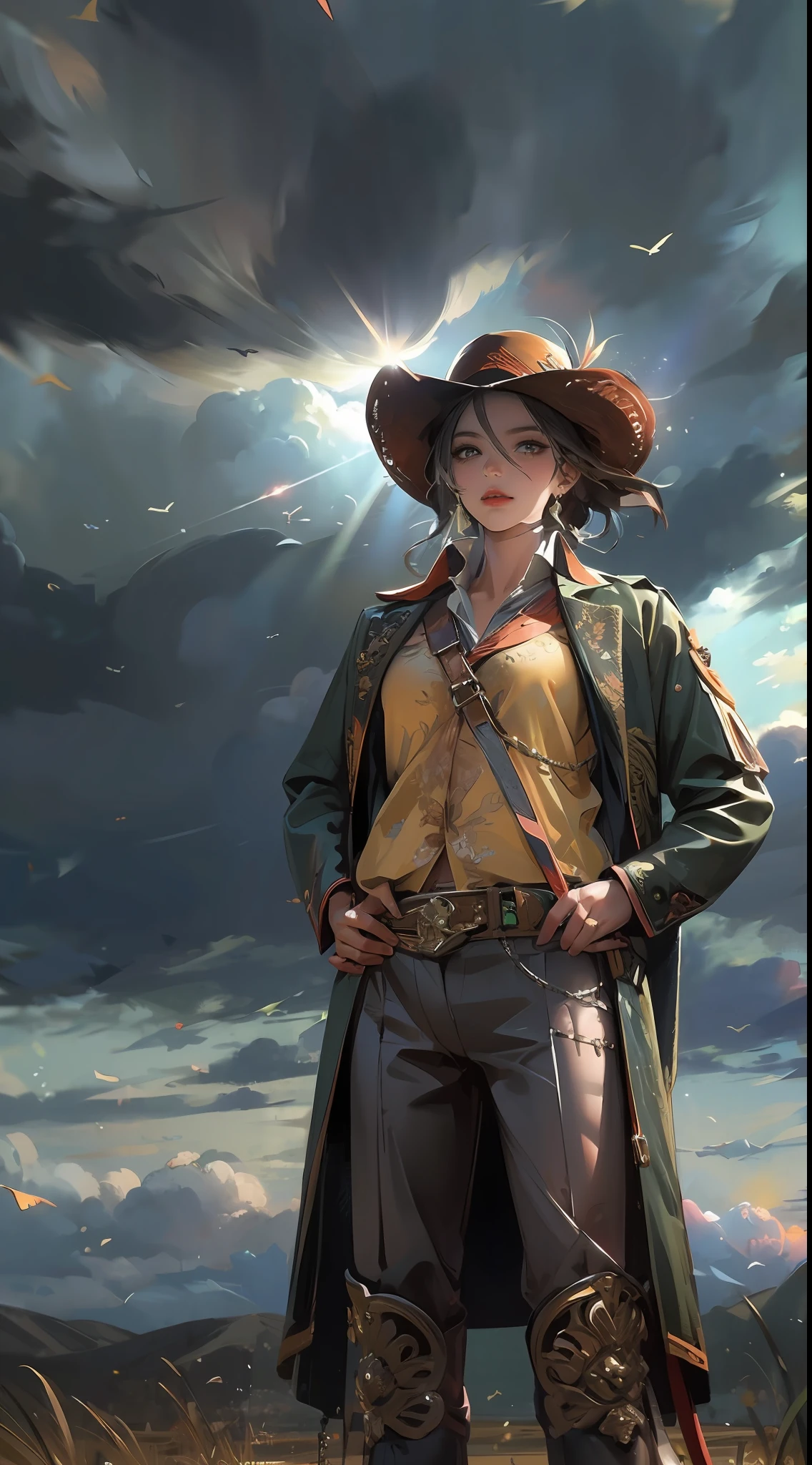 (masterpiece, best quality:1.4), cowboy shot, looking at viewer, sunlight, cloudy sky,