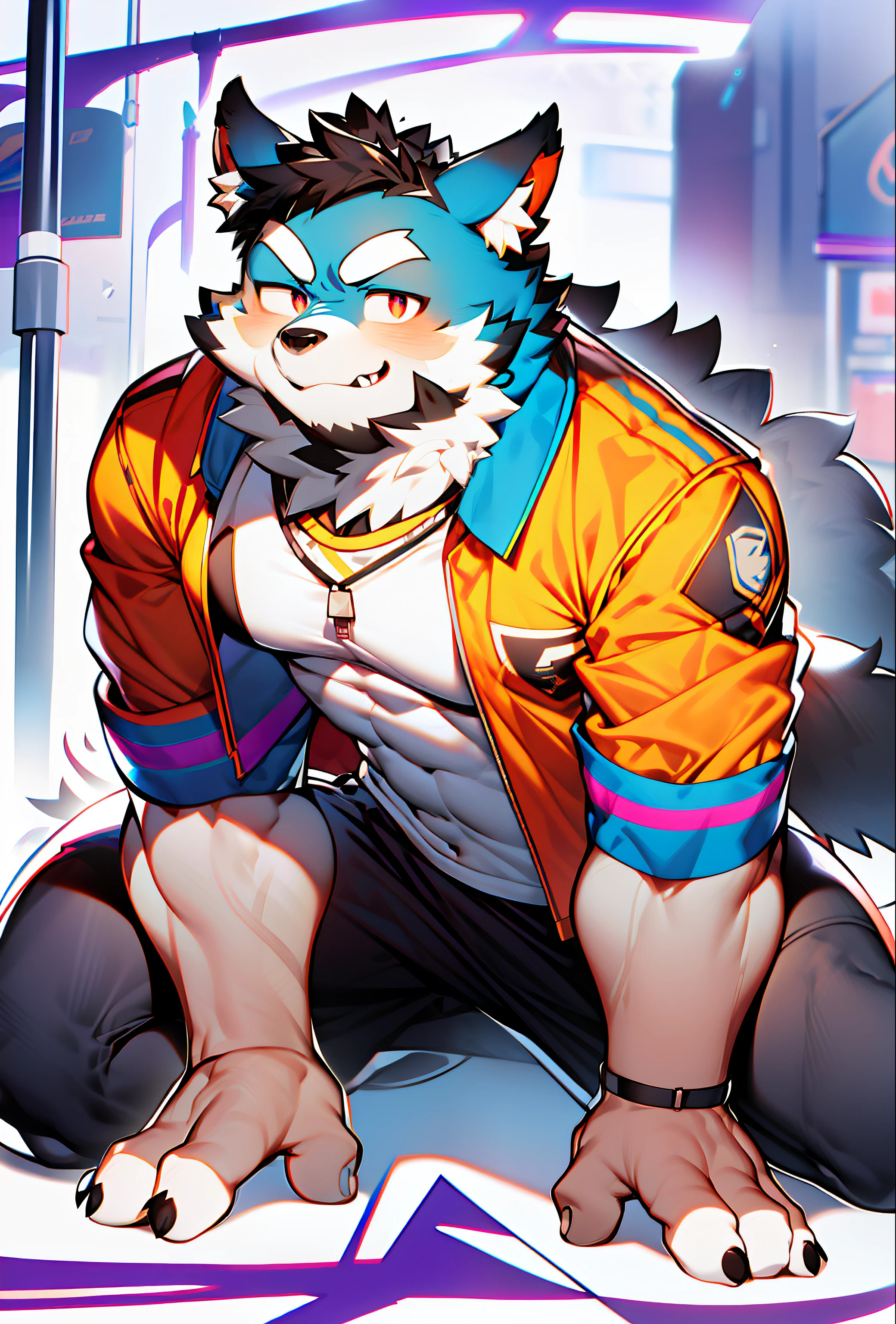coyote,Furry,Dark blue pattern,Black hair,musculature,Muscle men,nakeness,Strong,ultraclear,Has a large ,Collar,Black shorts,Black sclera,red pupils,Abs,Red coat,The erection,Collar,Has a large ,der riese,tit,Solo,Stout arms,Storm jacket,Badge,Pronounced abs,ssmile,lbeard,Dim lighting,Purple vibe,subway station