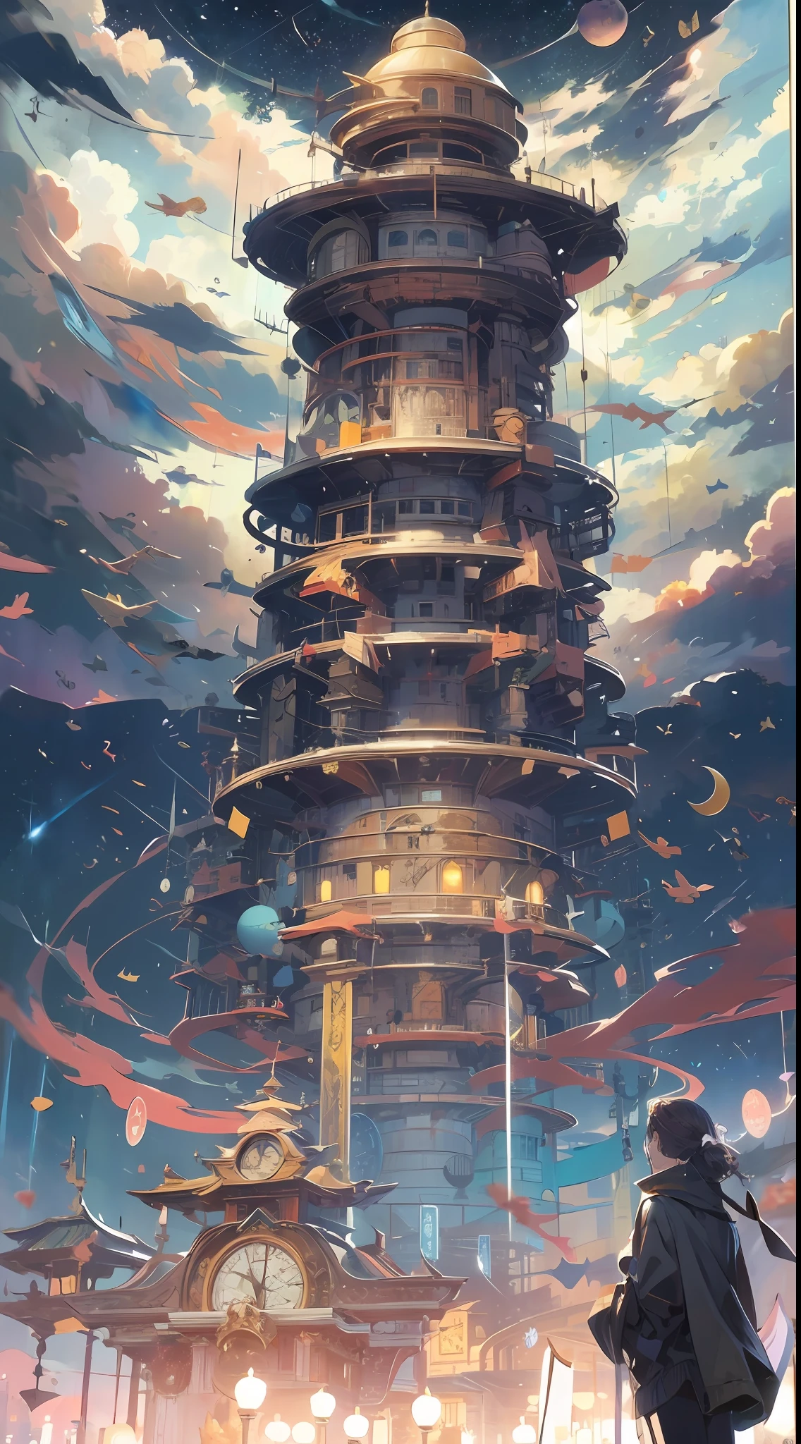 edd, Maitreya Bodhisattva,Maitreya, A huge golden Buddha statue sits in a room with blue ceiling and blue sky background with clouds, above_Clouds, Airship, aurora, bridge, Building, Castle, chimneys, City, City_lamp lights, Cityscape, clock, clock_Tower, Cloud, Cloudy_sky, constellation, Crescent_Moon, Desert, earth_\(planetes\), Fireworks, Floating_Island, fountain, milky ways, Glowing, house, Island, lamp post, lantern, Light_Particle, Milky_way, Moon, Mountain, Night, Night_sky, No_Humanity, planetes, scenery, Shooting_Star, sky, skylines, skyscraper, Snow, nevando, space, Star_\(sky\), Star_\(symbol\), Starry_sky, Starry_sky_print, Telescope, Tower, Town, Twilight, ships