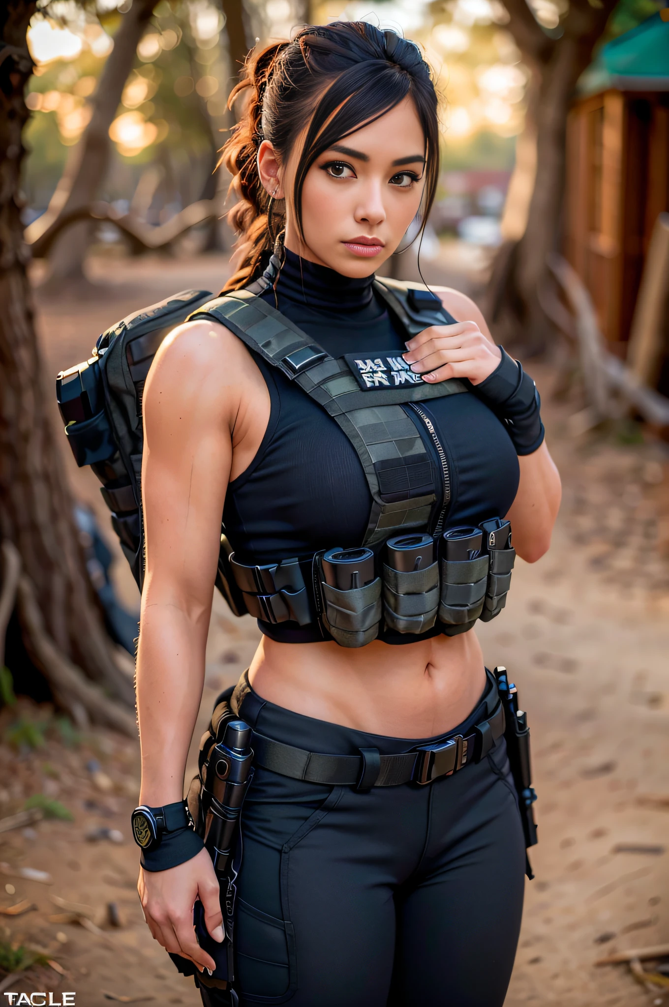 ((portrait shot)) Tacticool, a woman, (vest:1.2), (black yoga pants), military, 4k, high-res, masterpiece, best quality, (head:1.3), finely detailed skin, cleavage, GITSEllie