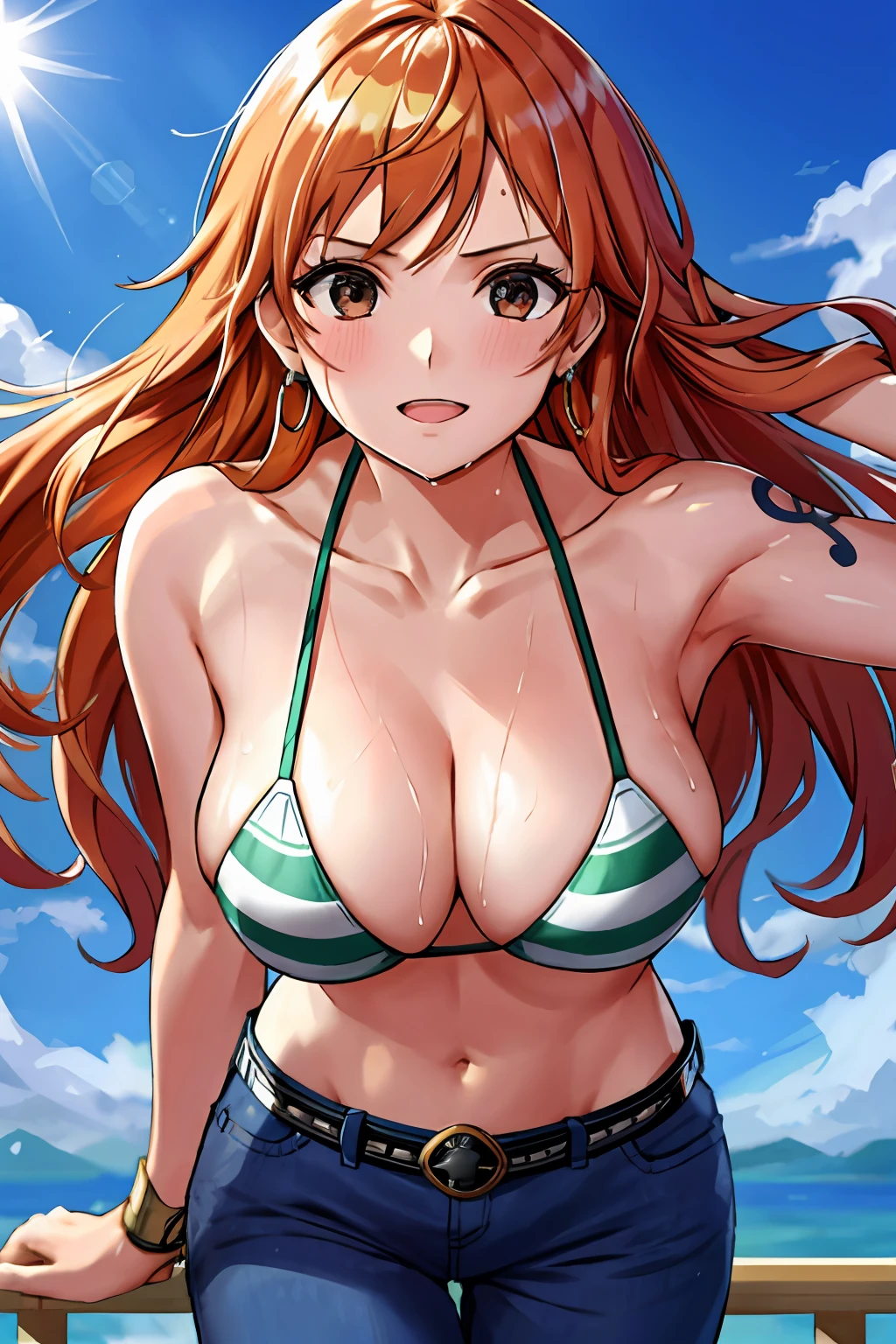 detailed background, masterpiece, 4k, best quality, late youth, adult, wrestler body, 1girl, active, energic, uppercut, (large mouth) , solo, nami \(one piece\), 1girl, bangle, (very wet, drenched in sweat, sweat all over body, very wet hair, tired, taking breath, open mouth, hand on stomach, sweaty face, sweaty body, panting, sweating too much, shiny sweat, sweat stains, leaning forward, tilting, hands on knees, waving good bye), perfect detailed face, bold drawing lines, muscular arms, detailed bold arm lines, flat jaw, adult woman, wavy wide streaked bangs, floating bang streaks, (big cheeks), bare shoulders, off-shoulders, belt, bikini, bikini top only, blue sky, bracelet, springy breasts, breast lines, big round eyes, plain big brown shiny eyes, bubbles, high eye position, cleavage, cloud, day, denim, earrings, floating hair, shiny hair, green belt, green bikini, bold groin lines, jeans, jewelry, large breasts, log pose, long hair, looking at viewer, navel, wet hair, orange hair, pants, shoulder tattoo, sidelocks, sky, solo, standing, stomach, swimsuit, tattoo , looking at viewer, open mouth, detailed left arm, big forehead, hourglass figure, small head, toned body, wide hair, wind effect, sun effect, under the sun, narrow small ears angle, older, random poses,