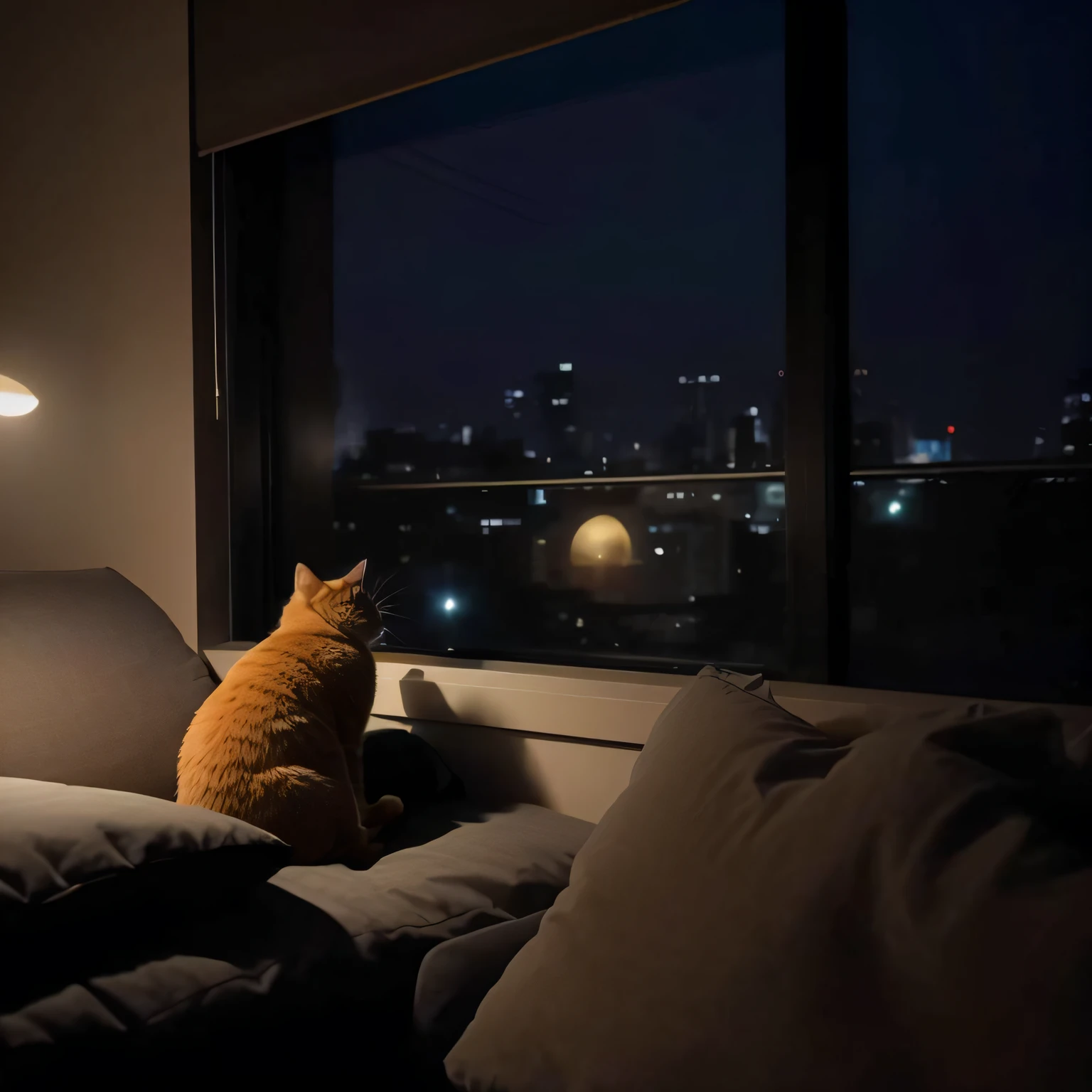 There was a cat sitting on the couch looking out the window, cat attacking tokyo, in a japanese apartment, it's night time, Cat sleeping in window, it's late at night, cosy atmoshpere, cat on a windowsill, Late at night, during night, night - time, chill time. Good view