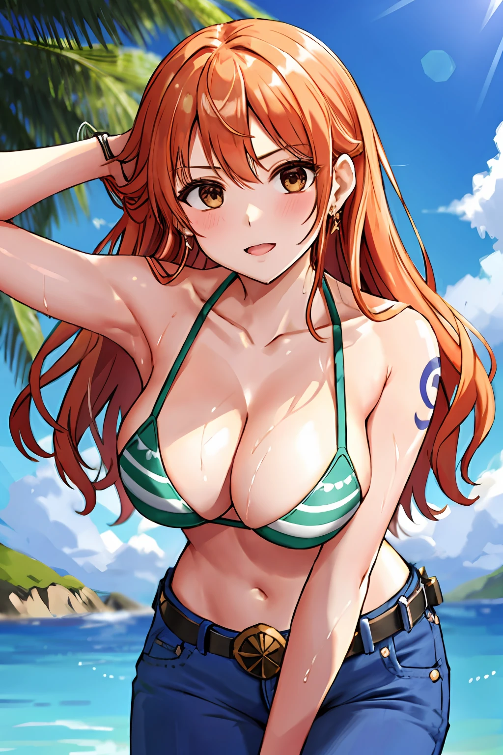 detailed background, masterpiece, 4k, best quality, late youth, adult, wrestler body, 1girl, active, energic, uppercut, (large mouth) , solo, nami \(one piece\), 1girl, bangle, (very wet, drenched in sweat, sweat all over body, very wet hair, tired, taking breath, open mouth, hand on stomach, sweaty face, sweaty body, panting, sweating too much, shiny sweat, sweat stains, leaning forward, tilting, hands on knees, waving good bye), perfect detailed face, bold drawing lines, muscular arms, detailed bold arm lines, flat jaw, adult woman, wavy wide streaked bangs, floating bang streaks, (big cheeks), bare shoulders, off-shoulders, belt, bikini, bikini top only, blue sky, bracelet, springy , breast big round eyes, plain big brown shiny eyes, bubbles, high eye position, cleavage, clo denim, earrings, floating hair, shiny hair, green belt, green bikini, bold groin lines, jeans, jewelry, large breasts, log pose, lo, looking at viewer, navel, wet hair, orange hair, pants, shoulder tattoo, sidelocks, sky, solo, standing, stomach, swimsuit, tattoo , looking at viewer, open mouth, detailed left arm, big forehead, hourglass figure, small head, toned body, wide hair, wind effect, sun effect, under the sun, narrow small ears angle, older, random poses,