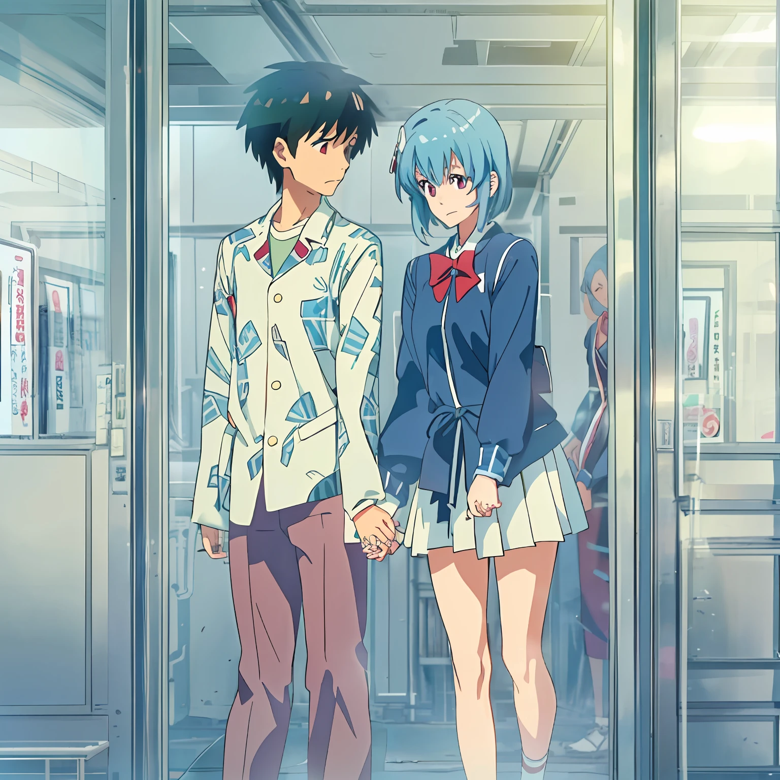 (校服),(japanse),Student Couple,Blue-haired Rei Ayanami,Black-haired Shinji Ikari,Couples without height difference,Scene of holding hands