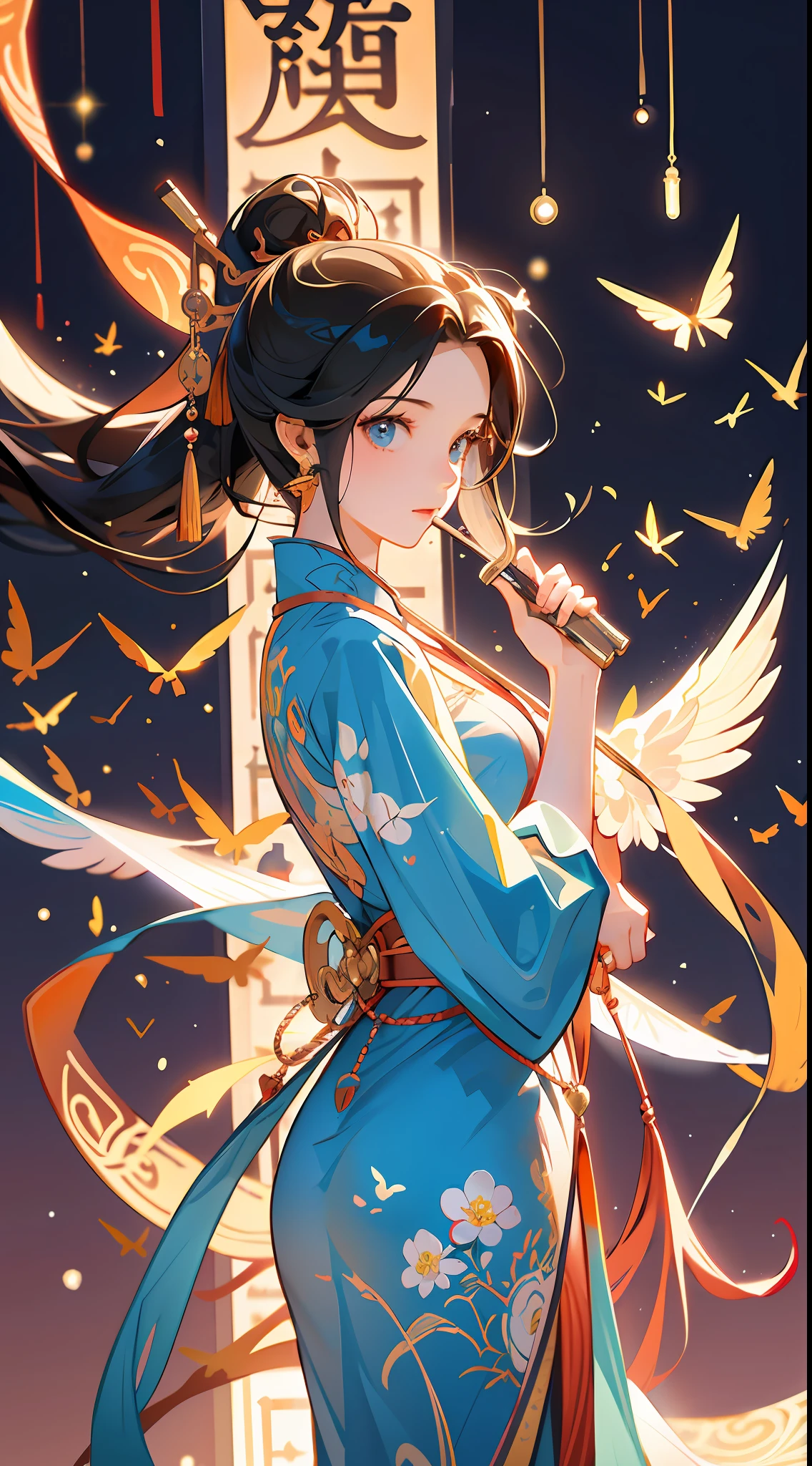 offcial art，统一 8k 壁纸，ultra - detailed，Beauty and aesthetics，tmasterpiece，best qualtiy，(tmasterpiece，Best quality at best，super detailing，painting of a)，illuminating，finedetail，(Illustration poster)。1 girl，Delicate skin，(full bodyesbian:1.2)，Waist drum，Drums，largeeyes，Fly in the air，Dynamic posture，Strap，opening eyes，Beautiful lighting，The body is meticulous，The details are complex，highr，Fine details，uncanny，the lighting is subdued，Detailed glow beauty，Deep shadows，natural soft light，Dunhuang culture，Performing music，Flying sky，Fluttering silk，Dappled background