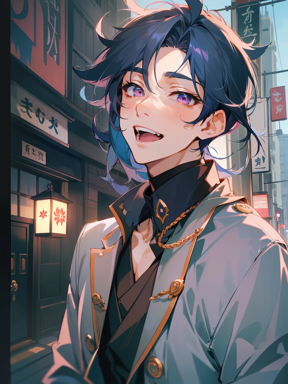 Ultra Detail,Haig Quality,sketch,1boy,matured male,Beautiful face,(Navy blue hair,Outer hair:1.3),Handsome men,Pearl skin,black tshirt,Moss Green Mod Coat,Dynamic Angle,Japan Anime,Pink eyes,Laugh,Like a cat's eye,city,male in his 20s,