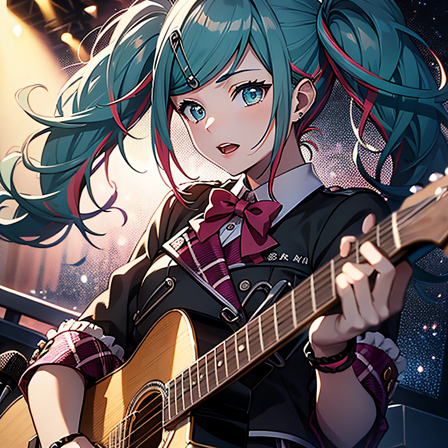 leomiku,masterpiece, best quality, ultra-detailed, illustration, an extremely delicate and beautiful, 1girl, solo ,parted_lips,live stage, playing the guitar,singing,particle of lights