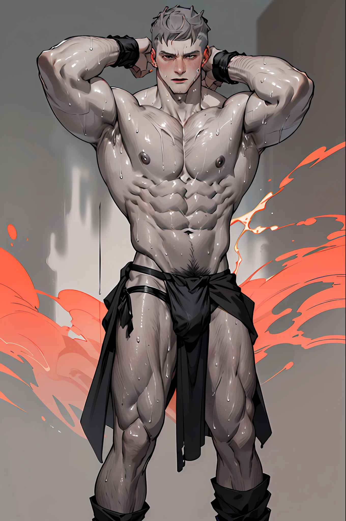 ((Top Quality, 8k, Masterpiece: 2), fit  boy with gray skin, david laid, (Male Focus), armpit, masculine shape, masculine, rough, raised , sexy, correct anatomy::, photorealistc, model, Full Body, almost naked, POV, top angle,correct anatomy, explicit content,bara, pubic hair, dripping, very short hair, dark brown hair,(sweat:1.3), bodily fluids, precum, pain expression,hd, dark shadows, (black loincloth:1.5), handsome man with dark gray skin and a toga wrapped around his waist, white hair, short haircut, wavy hair, curly white hair, man with gray reptile scales on his skin, scaly skin texture, stormy background, black clouds in the background with red lightning, 8K, artgem, (gray skin:1.75)