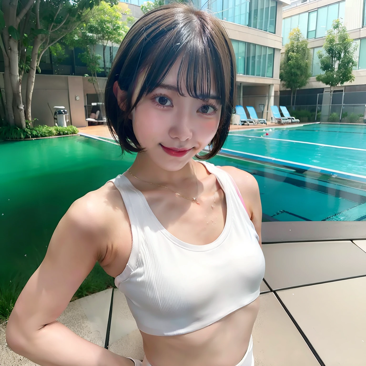 Realistic Sports Girl、small tits、short-hair、Sports bra and panties、ssmile、espadrilles、Wet texture、Transparent papillae、depth of fields、early evening