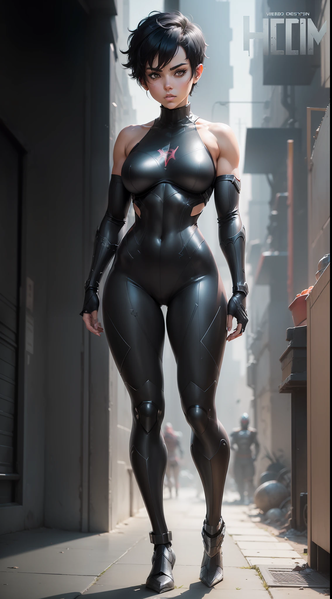 ((((Webtoon style)))), ((((Character description)))) girl in steel armor ultra futuristic, short black hair pixie, Russian, full body, casual pose], [Ultra mega hyper ripped muscles]