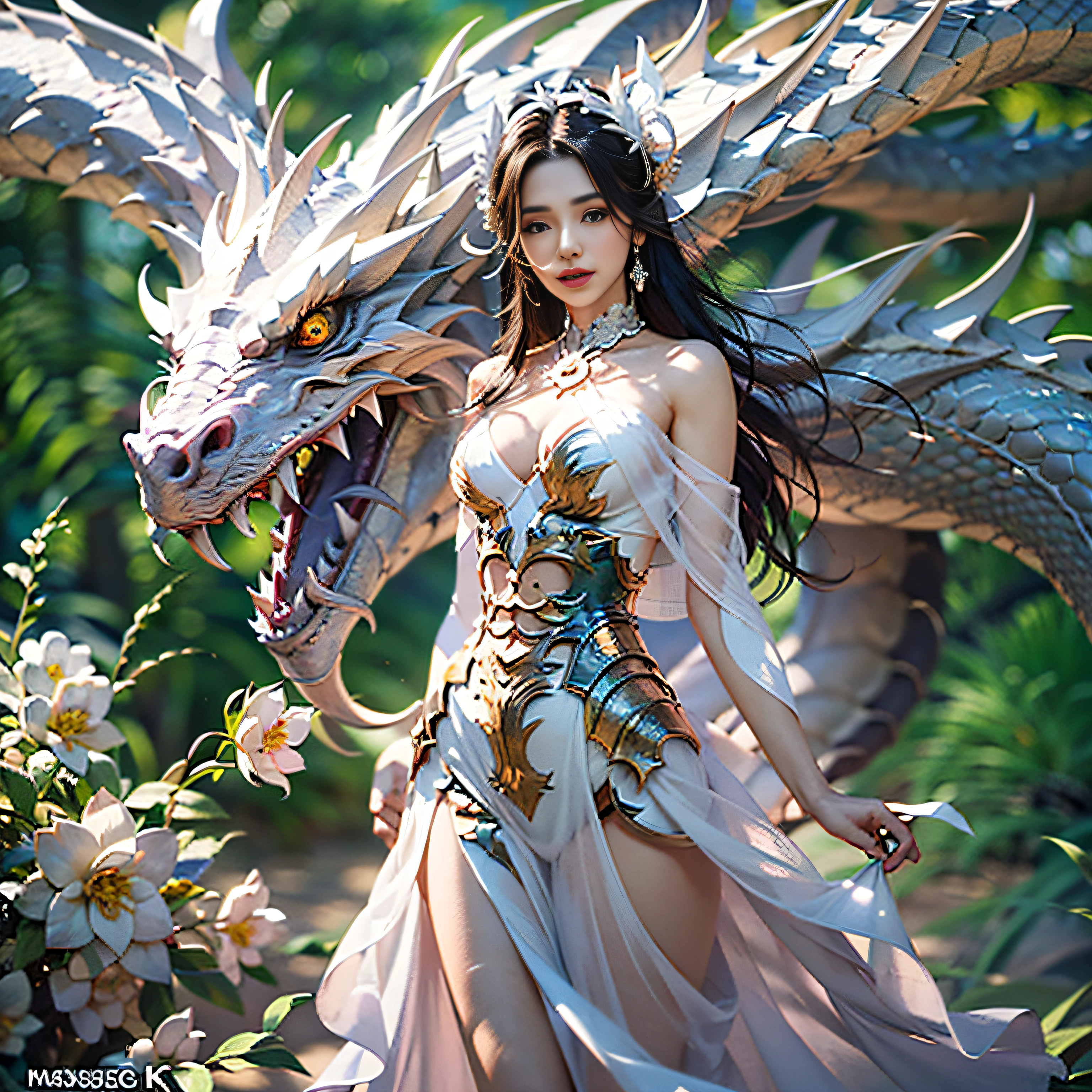dragon_real,(extremely detailed CG unity 8k wallpaper,masterpiece, best quality, ultra-detailed, beautiful detailed eyes:1.2),best illumination, (best shadow, an extremely delicate and beautiful, bloom),the girl was surrounded by dragons, (1girl:1.4),breasts, solo,full body,Back tattoo,white dress,(color dragon:1.4),Bare leg,long dress,