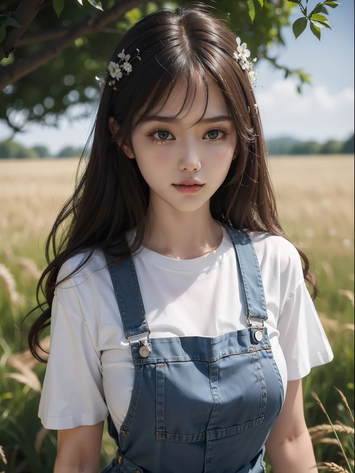 masuter piece, best qualtiy, (realisitic, Photorealsitic:1.37), ((独奏)), 8K image quality, Extremely delicate and beautiful, splendid, Official art with attention to detail, Ridiculous, Unbelievably ridiculous, huge filesize, ultra-detailliert, ighly detailed, (Cute s), (detailed girl), extremely detailed eye and face, Beautiful detailed eyes, Light makeup,, (Slender and perfect female figure), large full breasts, Slim waist, big butts, (Korean beauty), Brown hair, ((fullllbody)), ((Put the head in the frame)), ((white t-shirts)), ((Overalls clothing)), Wheat field, kindly smile