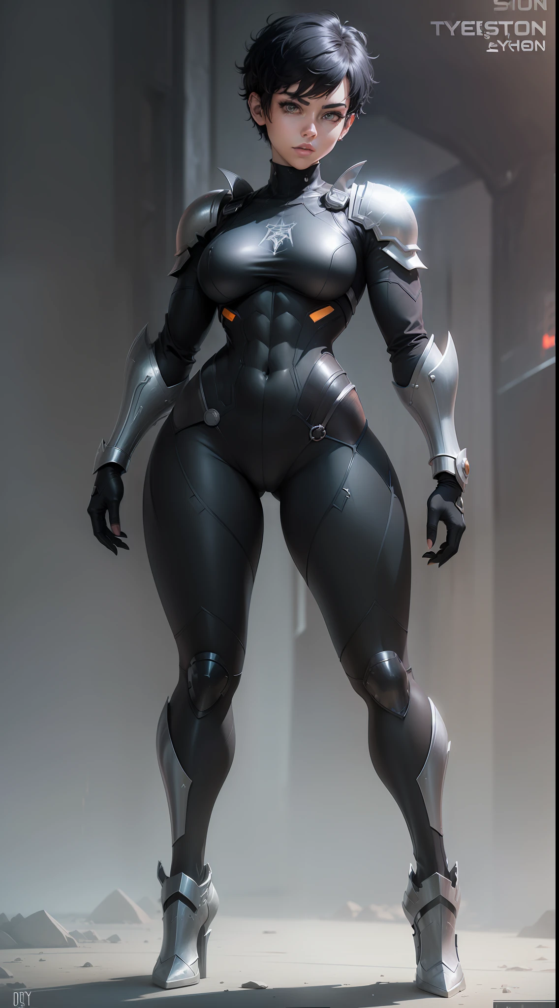 ((((Webtoon style)))), ((((Character description)))) girl in steel armor ultra futuristic, short black hair pixie, Russian, full body, casual pose], [Ultra mega hyper ripped muscles]