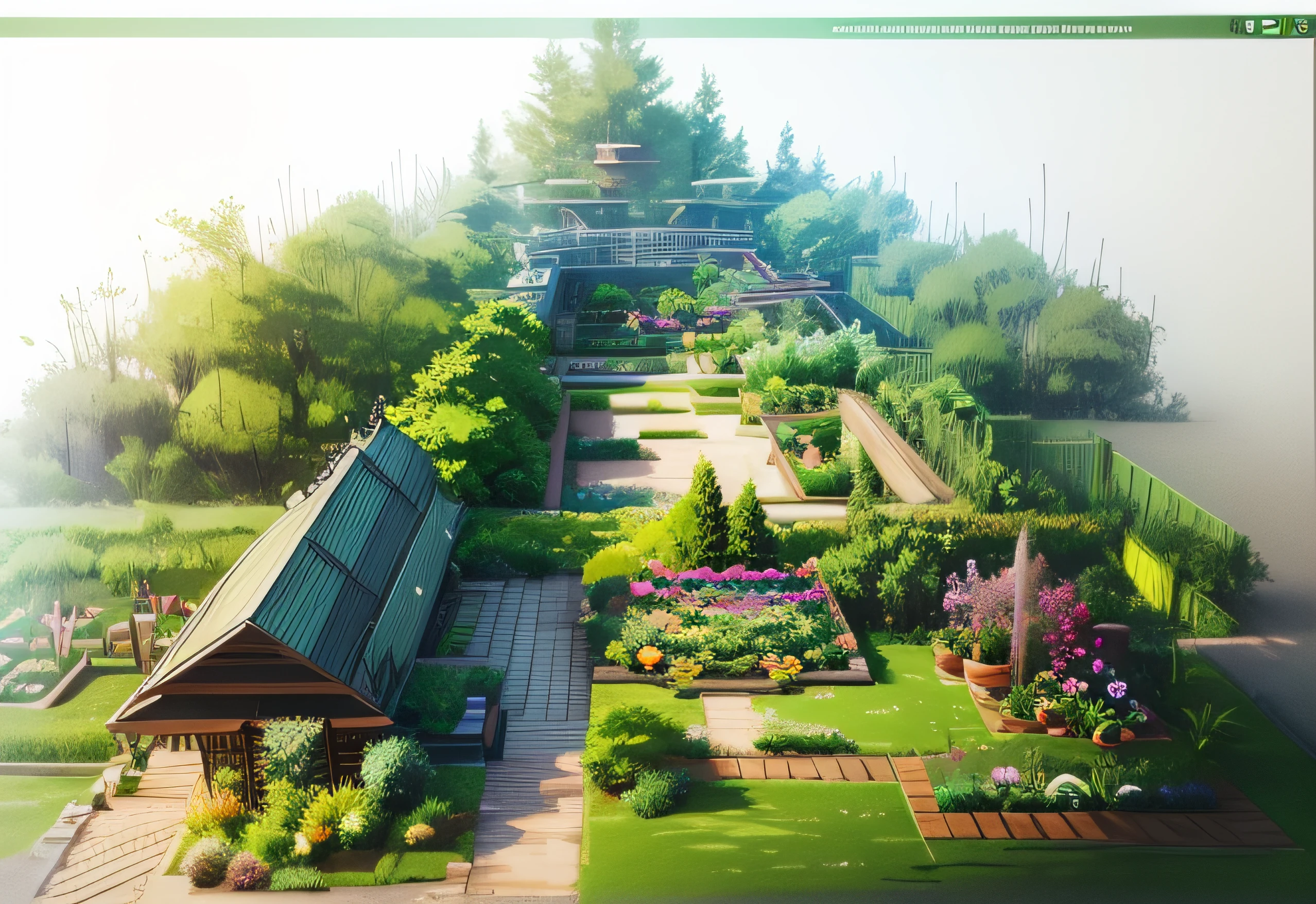 Generate garden renderings，vibrant with colors，prette