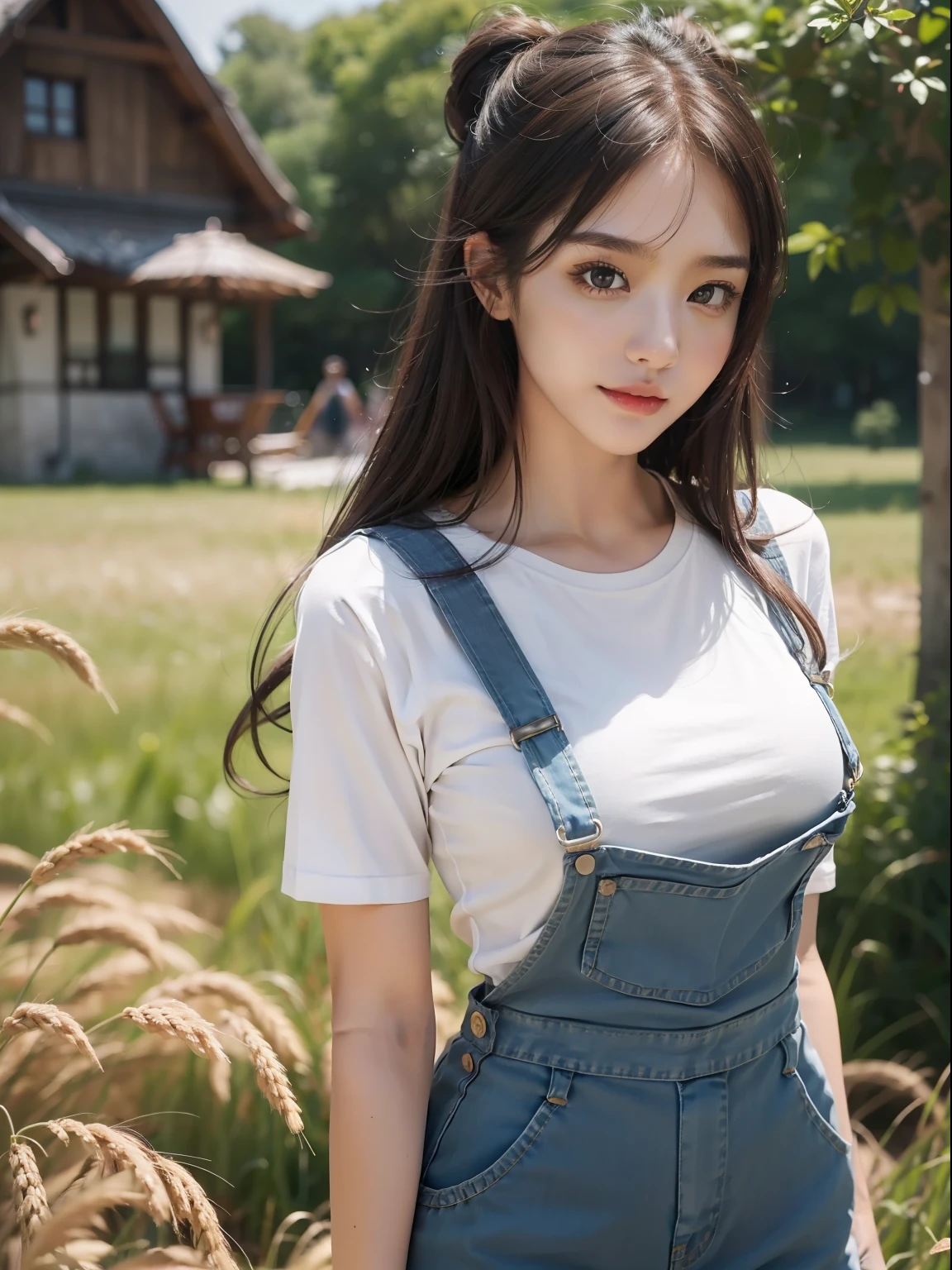 masuter piece, best qualtiy, (realisitic, Photorealsitic:1.37), ((独奏)), 8K image quality, Extremely delicate and beautiful, splendid, Official art with attention to detail, Ridiculous, Unbelievably ridiculous, huge filesize, ultra-detailliert, ighly detailed, (Cute little girl s), (detailed girl), extremely detailed eye and face, Beautiful detailed eyes, Light makeup,, (Slender and perfect female figure), large full ???????, Slim waist, big butts, (Korean  beauty), Brown hair, ((Twin-tailed)),((fullllbody)), ((Put the head in the frame)), ((white t-shirts)), ((Overalls clothing)), Wheat field, kindly smile