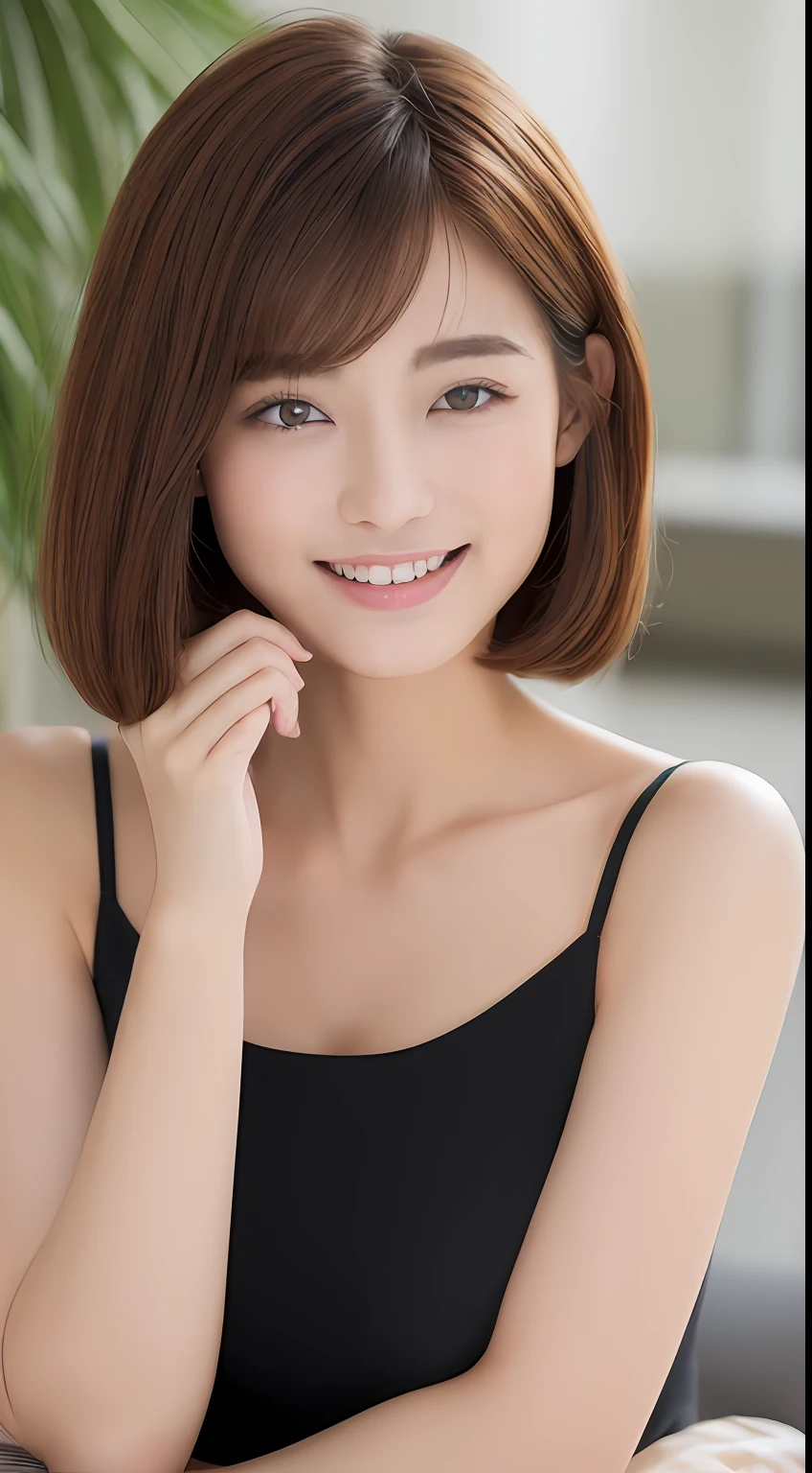 ((top-quality、8K、​masterpiece:1.3))、1girl in、Slim Abs Beauty:1.3、(Hairstyles Brown Hair Shortcuts、huge tit:1.2)、doress:1.1、Super fine face、Delicat eyes、二重まぶた、a smile、home、Raw photo、sexypose、Sexy Shots