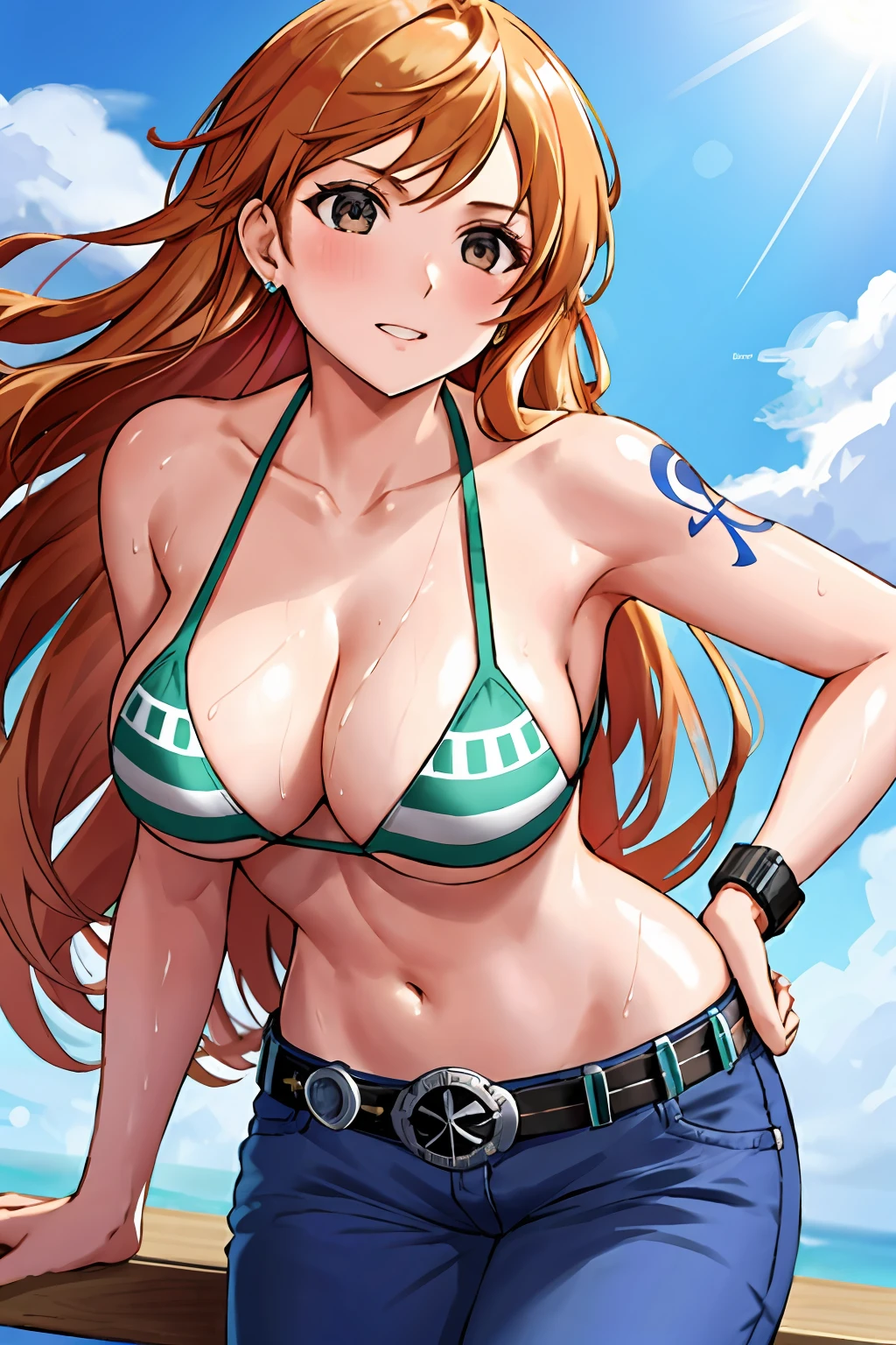 detailed background, masterpiece, 4k, best quality, late youth, adult, wrestler body, 1girl, active, energic, uppercut, (large mouth) , solo, nami \(one piece\), 1girl, bangle, (very wet, drenched in sweat, sweat all over body, very wet hair, tired, taking breath, open mouth, hand on stomach, sweaty face, sweaty body, panting, sweating too much, shiny sweat, sweat stains, leaning forward, tilting, hands on knees, waving good bye), perfect detailed face, bold drawing lines, muscular arms, detailed bold arm lines, flat jaw, adult woman, wavy wide streaked bangs, floating bang streaks, (big cheeks), bare shoulders, off-shoulders, belt, bikini, bikini top only, blue sky, bracelet, springy breasts, breast lines, big round eyes, plain big brown shiny eyes, bubbles, high eye position, cleavage, cloud, day, denim, earrings, floating hair, shiny hair, green belt, green bikini, bold groin lines, jeans, jewelry, large breasts, log pose, long hair, looking at viewer, navel, wet hair, orange hair, pants, shoulder tattoo, sidelocks, sky, solo, standing, stomach, swimsuit, tattoo , looking at viewer, open mouth, detailed left arm, big forehead, hourglass figure, small head, toned body, wide hair, wind effect, sun effect, under the sun, narrow small ears angle, older, random poses,