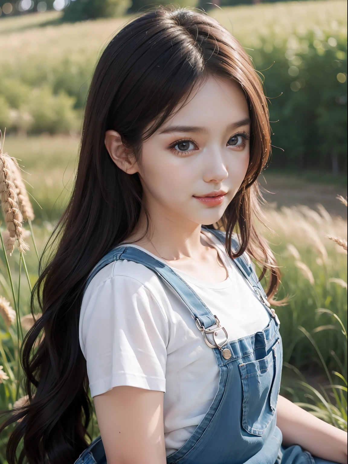 masuter piece, best qualtiy, (realisitic, Photorealsitic:1.37), ((独奏)), 8K image quality, Extremely delicate and beautiful, splendid, Official art with attention to detail, Ridiculous, Unbelievably ridiculous, huge filesize, ultra-detailliert, ighly detailed, (Cute s), (detailed girl), extremely detailed eye and face, Beautiful detailed eyes, Light makeup,, (Slender and perfect female figure), Slim waist, (Korean beauty), Brown hair, ((Twin-tailed)),((fullllbody)), ((Put the head in the frame)), ((white t-shirts)), ((Overalls clothing)), Wheat field, kindly smile