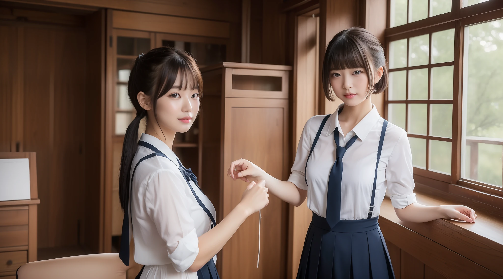 ((top-quality、8K、masterpiece:1.3))、Beautuful Women、1girl in、Colossal tits:1.3、Slender Abs:1.1、校服、Schools、in group photograph、Beautie、dual、cute little、ren、Being in the classroom、Shortcut Hair、Longhaire、poneyTail、cute little、Beautie、