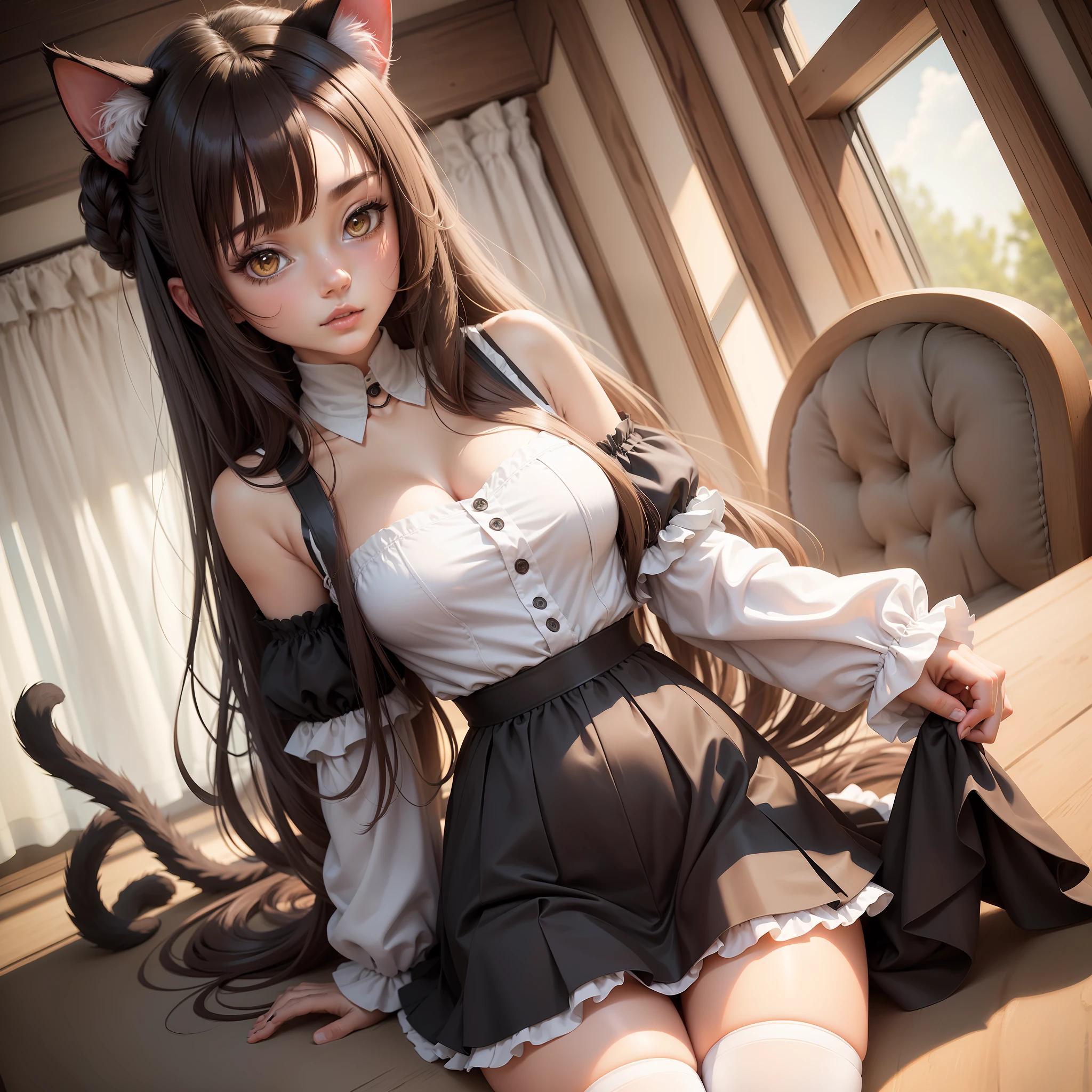 (Best quality),(Detailed), (1 girl),Kizi,a cat tail,There are cat ears on the top of the head,white thighhighs, brunette color hair,Medium breasts,whiteskin