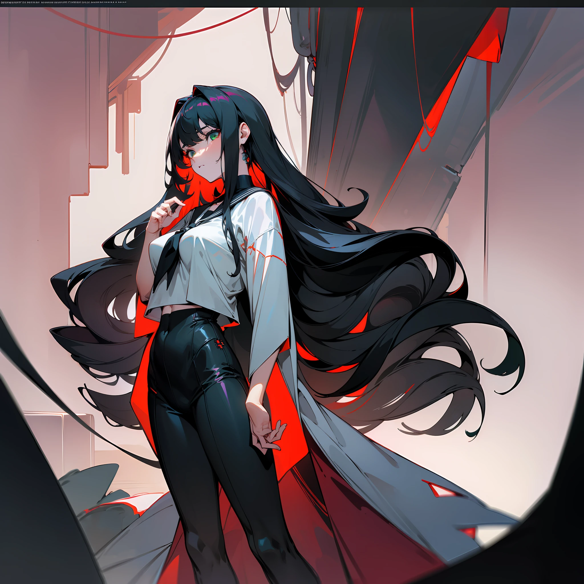 offcial art, Unity 8k Wallpapers, ultra - detailed, Beautiful and beautiful, high high quality, big breasts beautiful, tmasterpiece, best qualtiy, (Zen entanglement, datura, Tangles, entangled:0.6), flatcolors, limited palette, low-contrast, 1girll, serafuku, Long straight black hair, Garlic flowers, goat skull, (red colour, black in color), bloods, tmasterpiece, best qualtiy, ultra - detailed, 1girll, beatiful detailed eyes, Beautiful detail glow, cubes, the Extremely Detailed CG Unity 8K Wallpapers, Tall and slender figure, full body shot shot, Tall girl, Long wavy black hair, Green eyes, Athletic figure, Size 3 chest, White lab coat, Black T-shirt with, Black pantsuit, Lab Room, Oversized breasts, Sateen, Cyberpunk-city, cyberpunk armor, full bodyesbian,