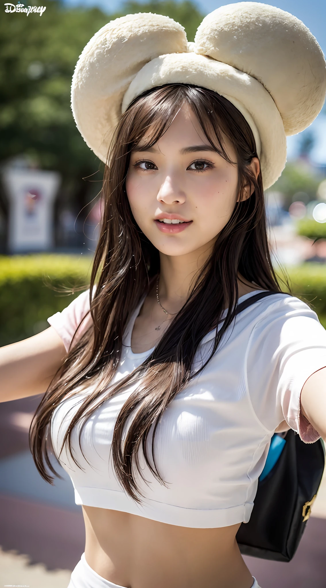 (8K、Raw photography、top-quality、masuter piece:1.2)、ultra-detailliert、ultra res、(realisitic、rialistic photo:1.37)、portlate、high-definition RAW color photography、Professional Photography、highly detailed and beautiful、ighly detailed、8K Picture Wallpaper、amazing detailed、huge filesize、Official art、Highly detailed CG Unity 8K wallpapers、highly detailed beautiful girl、extra detailed face、extremely detailed eye、highlydetailed skin、extremely detailed fingers、highly detailed nose、very detailed detailed mouth、Perfect Anatomy、细致背景、Detailed clothing、女の子1人、(20:1.2)、in her 20s、Cute girl s、Realistic body、小柄、de pele branca、glistning skin、Slim body、A dark-haired、(((Shaggy hair)))、(bluntbangs: 1.2)、Blunt bangs: 1.2)、kawaii、kawaii faces、Realistic face、Delicate eyes、Sauce order、(((Disney land)))、((Minnie Mouse Hat))、((FULL BODYSHOT))、((Stylish white t-shirt))、((Ultra white mini skirt))、(((no-bra)))、((Pull shot))、耳Nipple Ring、a necklace、((Frontal shot))、((Play with open arms))、(((Hair that flutters in the wind)))、Looking at the camera、cowboy shot、Contrapo、动态照明、C cup milk、A smile、Opening Mouth、Beautiful legs、