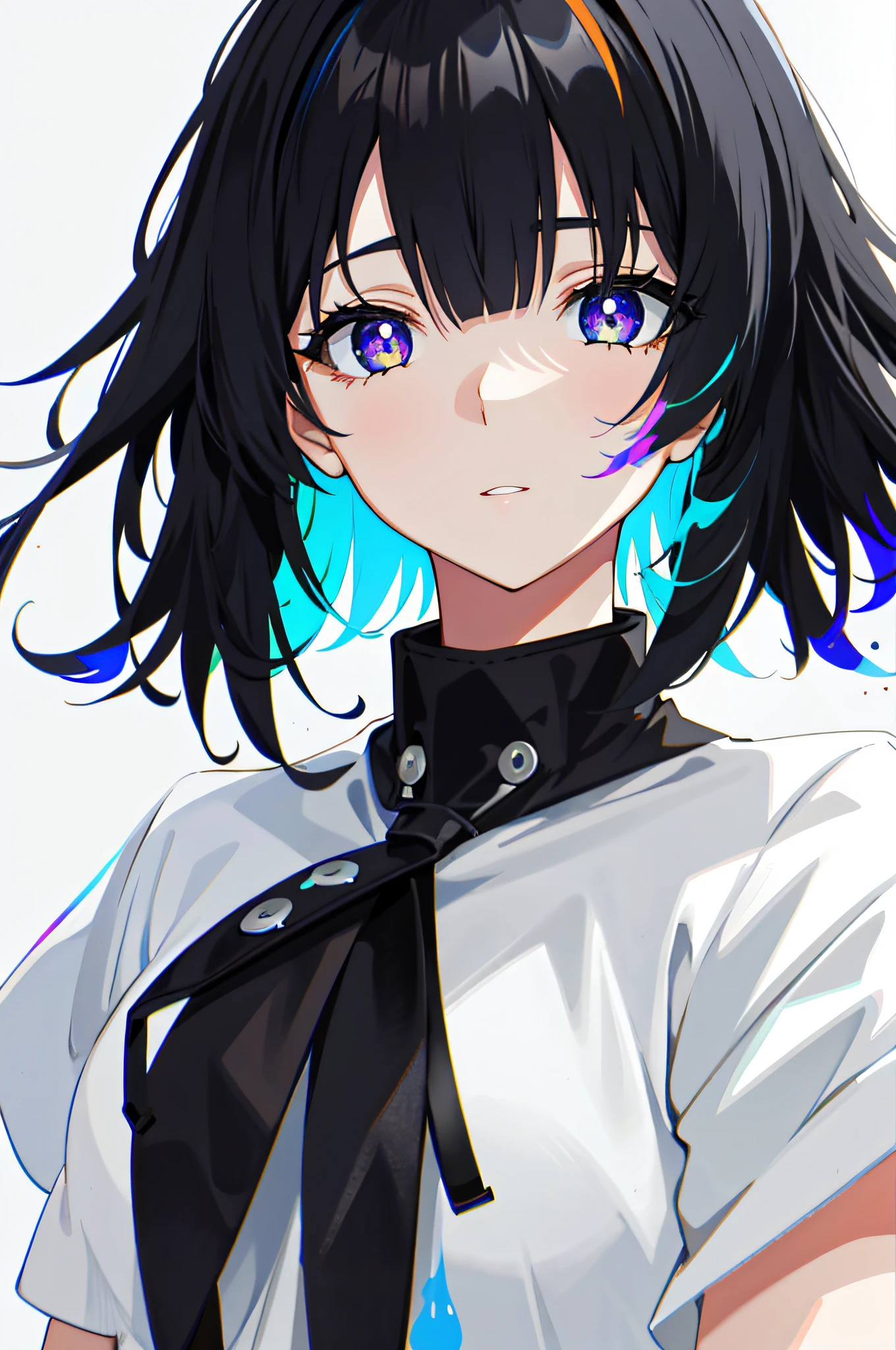 close up shot, eye close up, ((masterpiece)), ((ultra-detailed)), pixiv, best shadows, best lighting, best quality, cinematic shot, 1girl, solo, bangs, black background, paint, portrait, short hair, blunt bangs, parted lips, paint splatter, ((two-tone hair)), looking at viewer, white hair, ((colorful eyes)), paint splatter on face, chromatic aberration, simple background