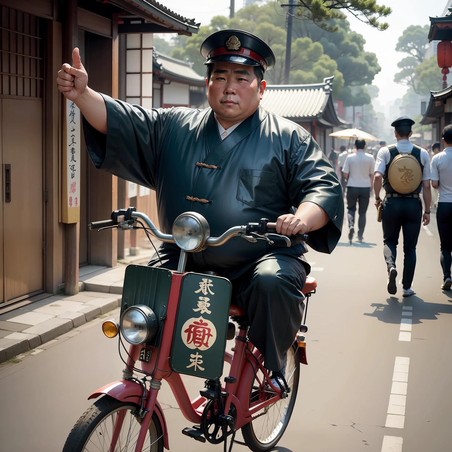 Chinese street background，Japan man，skin dark，fatness，Riding a bicycle，Modern Japanese military uniform，Raise a hand，thumb up，Vintage China 28 bike，