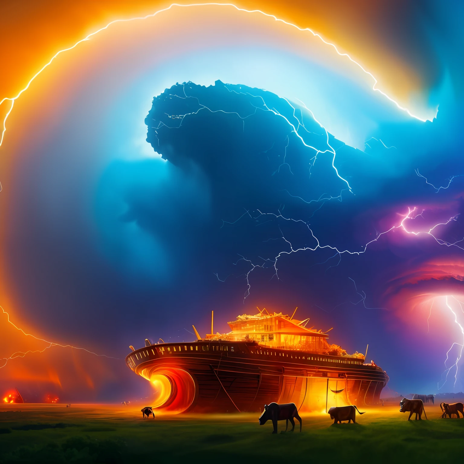 Noah’s Ark, Tornado warning, chaos, Noah’s ark, gods wrath, concept art, 4k