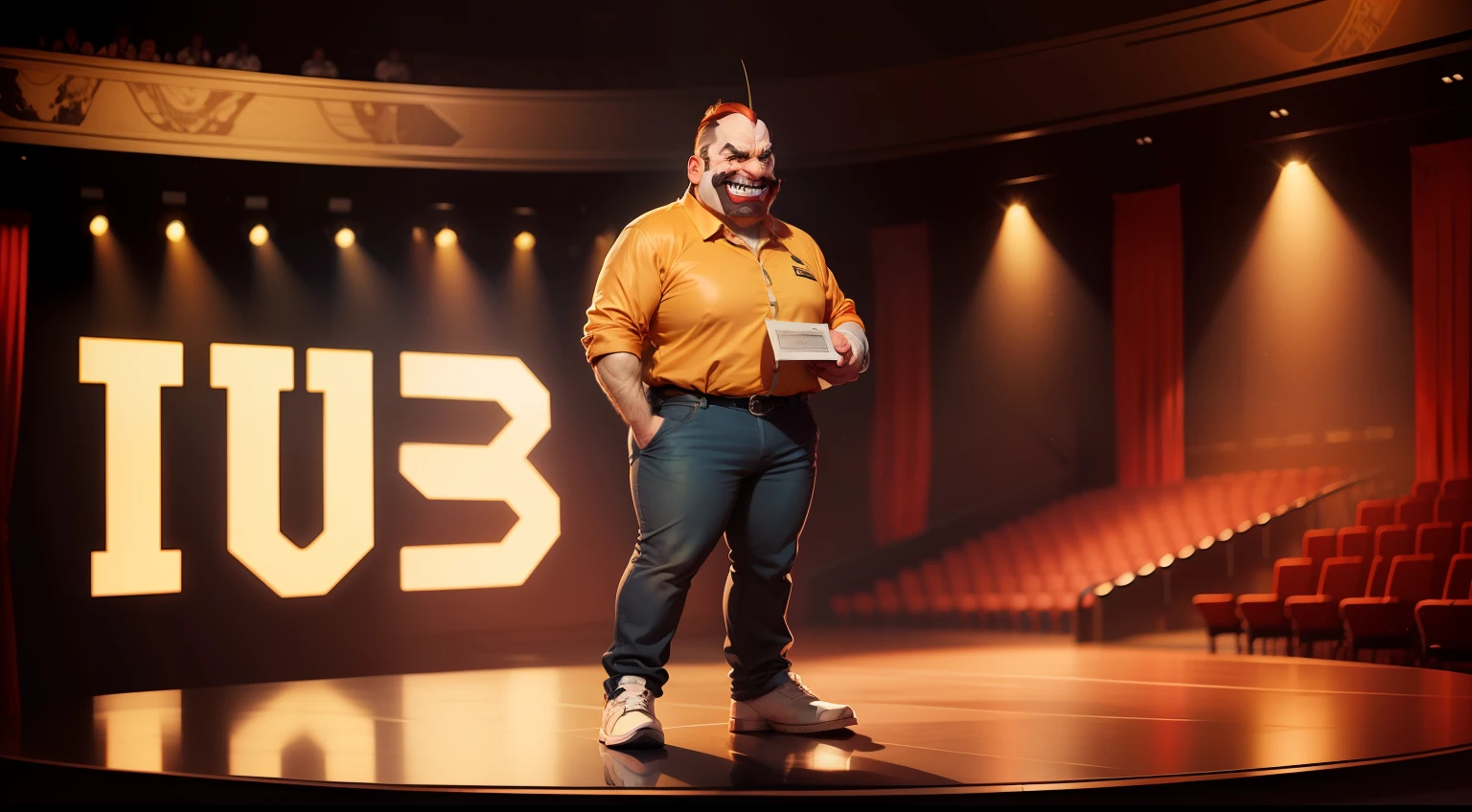 comic strip,robotnik,wearing work clothes,Take the stage to receive the award,grin,