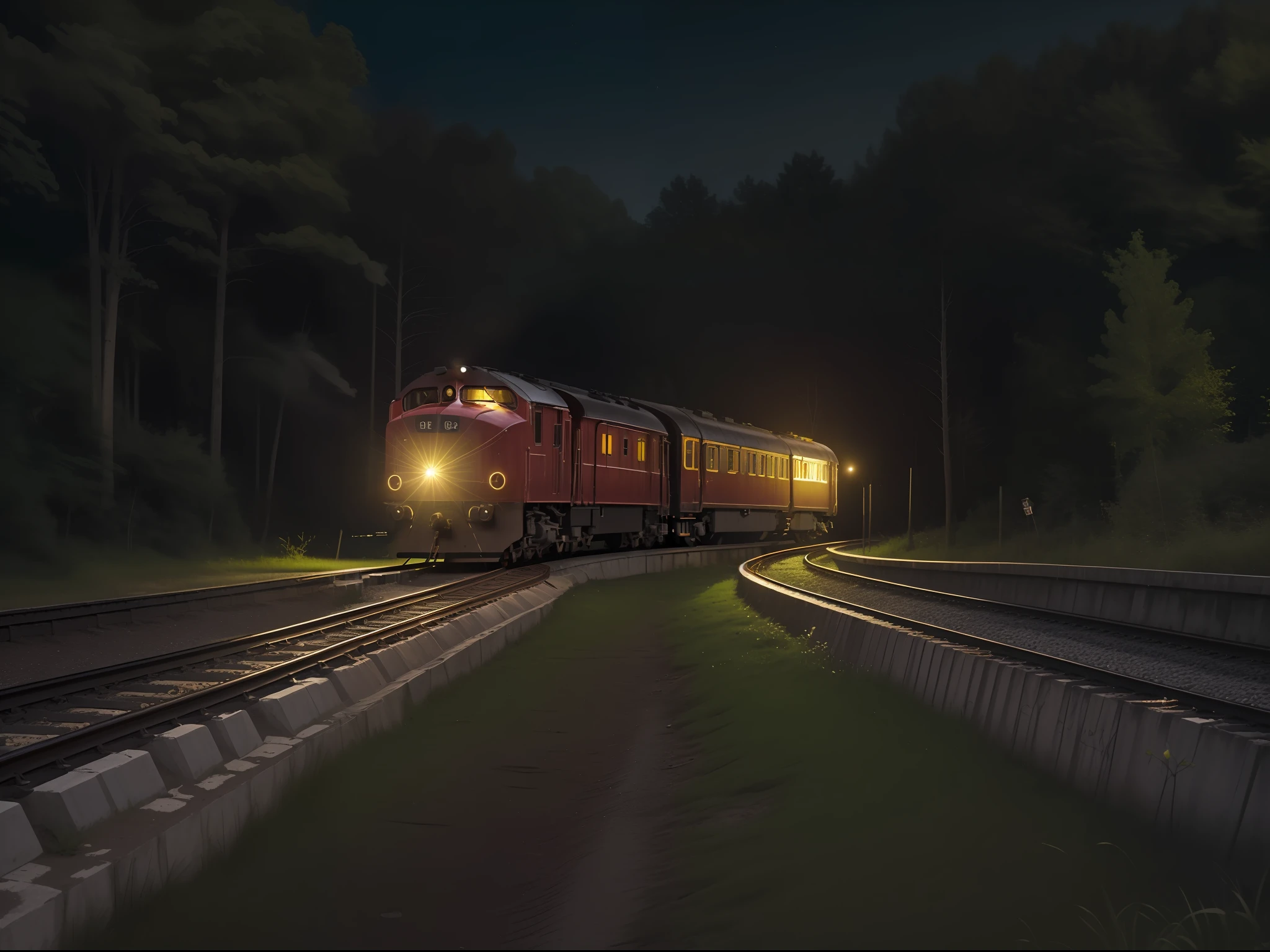 night time, a Bridge, forest area, Golden headlight, Old style, a train run, passenger train.