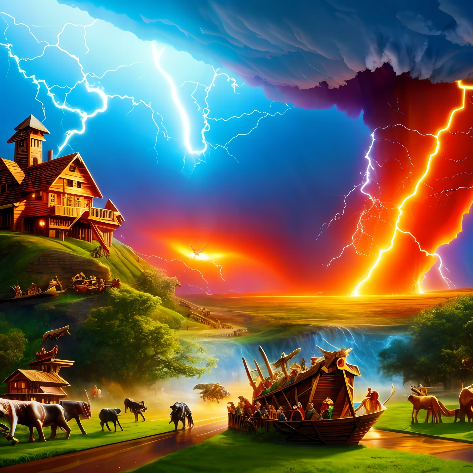 Noah’s Ark, Tornado warning, chaos, Noah’s ark, gods wrath, concept art, 4k