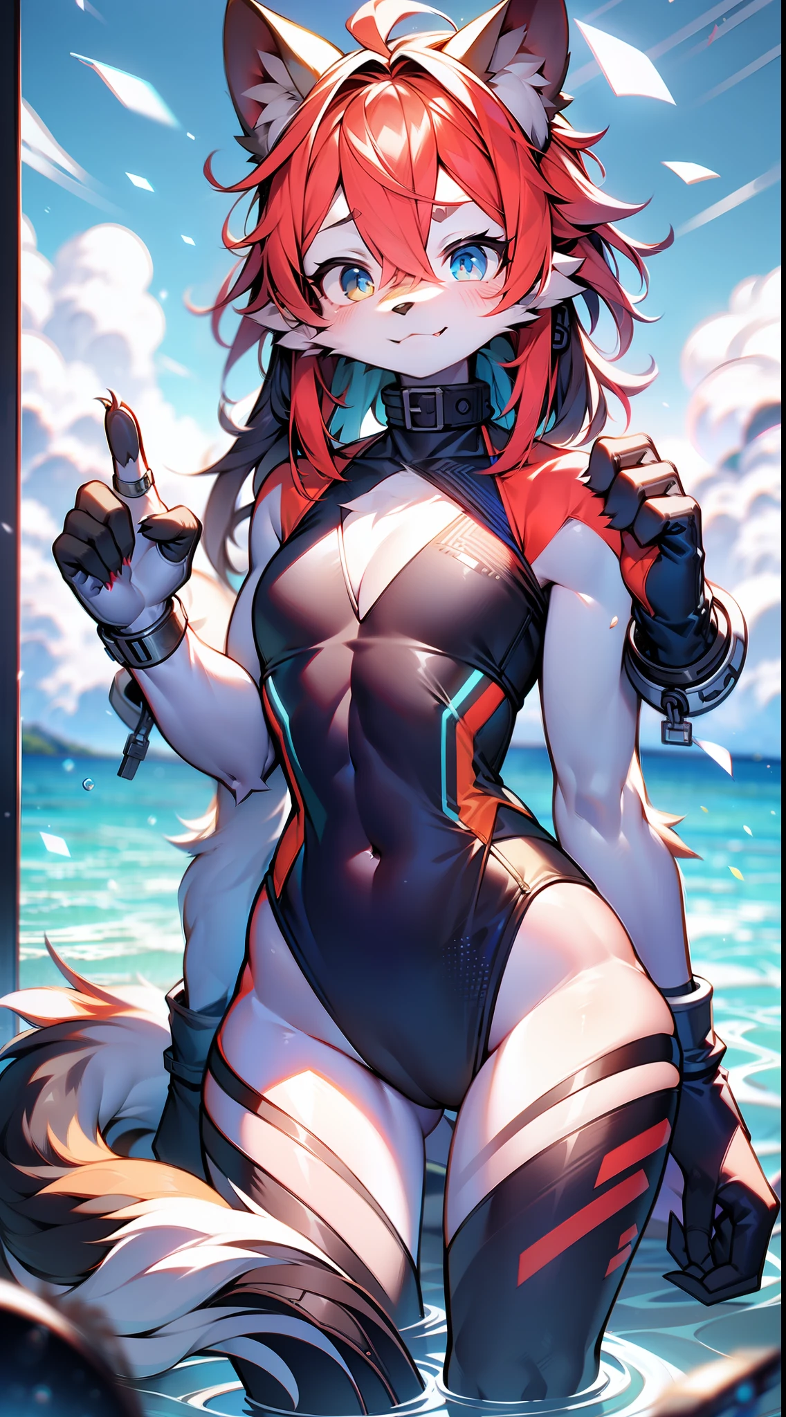 Furry:1.1 ,A wolf:1.5,Shota:1.9,Black and red hair:1.2,Extreme light and shadow:1.9,Wear black fingerless gloves:1.8,Wearing a black transparent bodysuit:1.8,Calm expression:1.9,Stand under the sea of clouds:1.8,Bare thighs:1.9,nakeness:1.8,Beautiful waist:1.9,Tender thighs:1.9