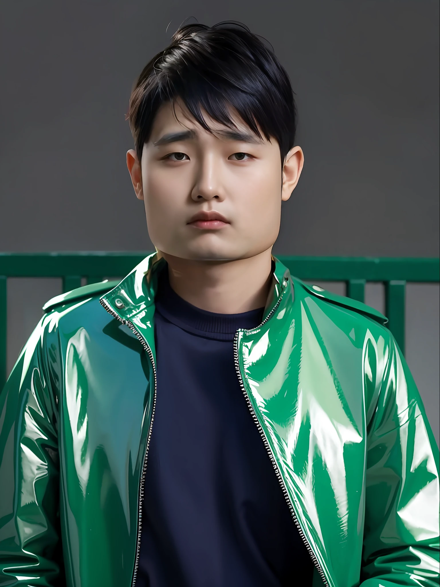 A Chinese male high school student,Wearing a green PVC school uniform
