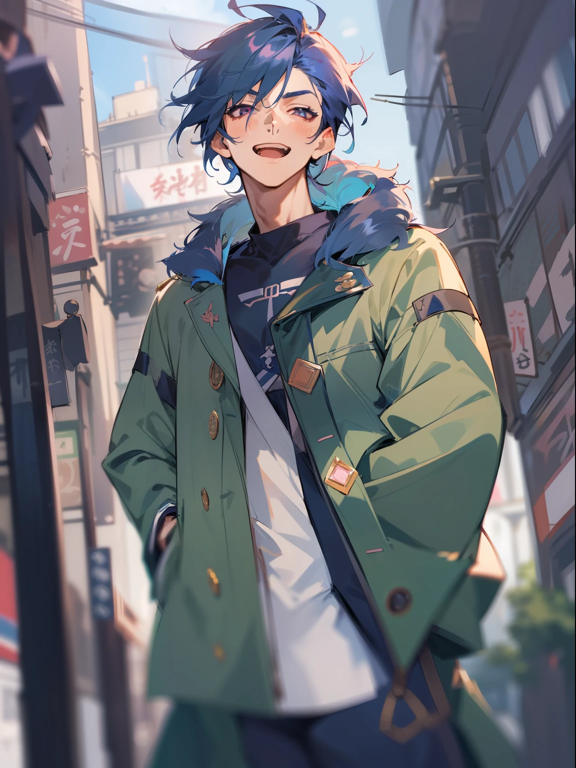 Ultra Detail,Haig Quality,sketch,1boy,matured male,Beautiful face,(navy blue hair,outside hair:1.3),Handsome men,Pearl skin,black T shirt,moss green mods coat,Dynamic Angle,Japan Anime,pink eyes,laugh,like a cat eyes,city,Twenties man,
