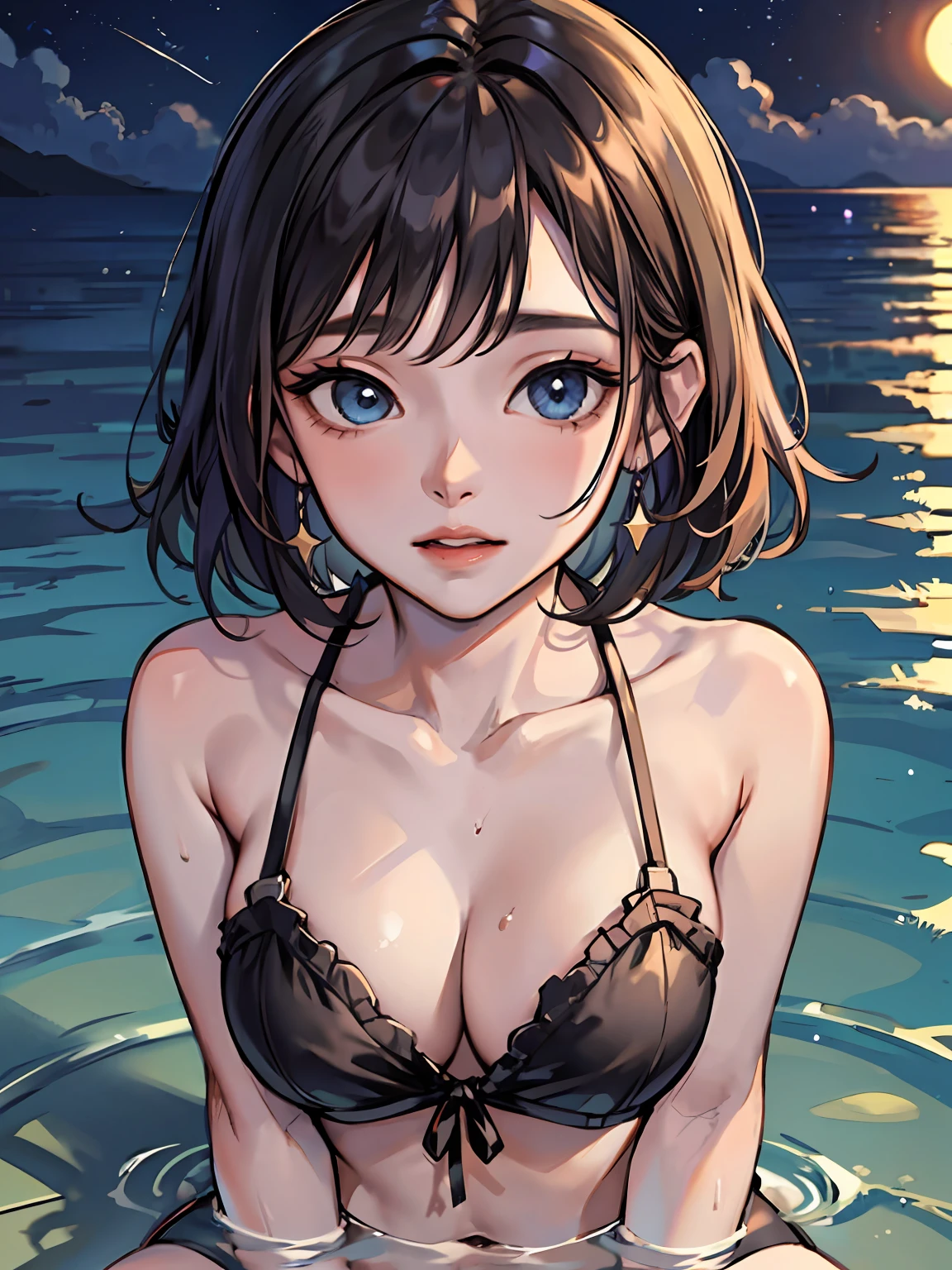 (masterpiece:1.2、top-quality), (1 Lady、Solo、The upper part of the body:1.2), hair:Shorthair,Black、Clothing:maikurobikini、barechested、The location:Beach at night、starrysky、Sit by the waves、playing in the water、erotick、sexuell、gals、SEX、agitation、Water droplets、