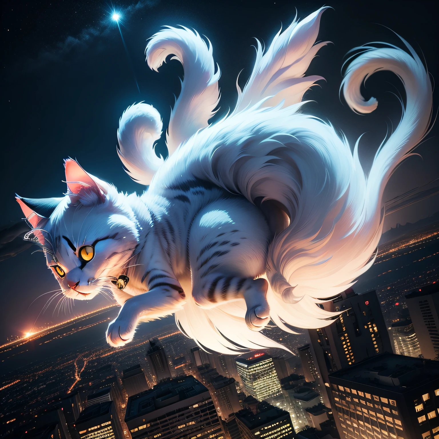 Ghost cat flies over the city at night