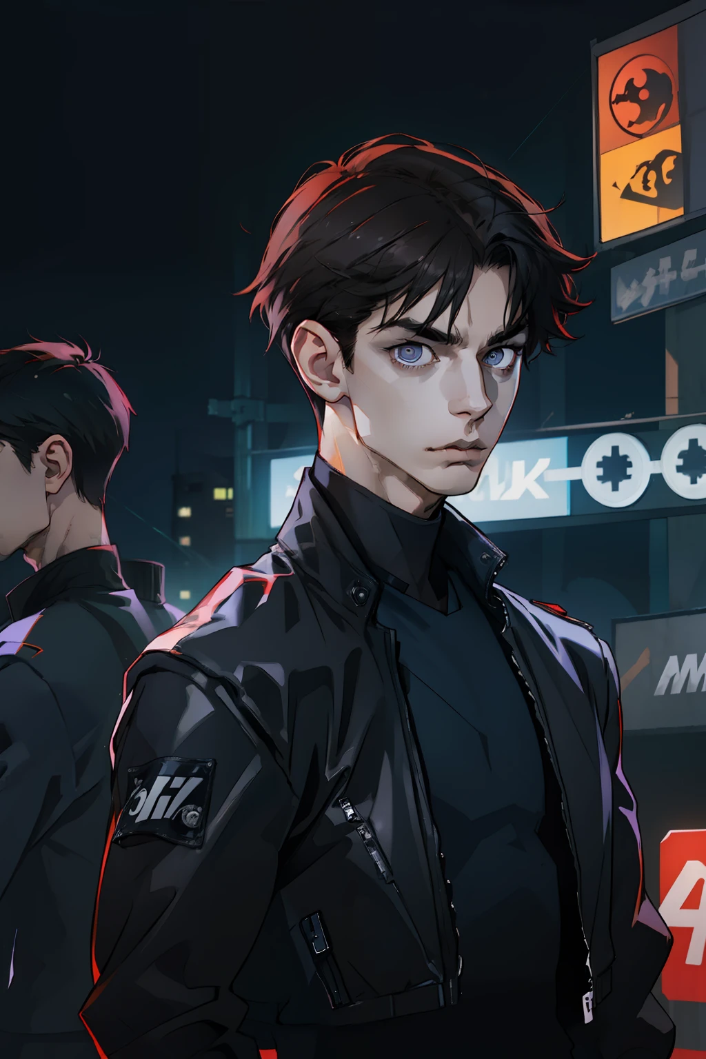 (absurdes, ah high, ultra detialed), ciberpunk, 1 male, 独奏, youth, Young guy,  tall muscular guy, skinny shoulders, beutiful, dark colored hair, Short Hair Hair, dark grey eyes, forehead, angular jaw, Thin neck,  ciberpunk, Neon lights in the background, upper-body, The entire upper body is visible, leather jacket, teenaged, gaze at the viewer, stands upright, You can see the entire upper body up to the waist