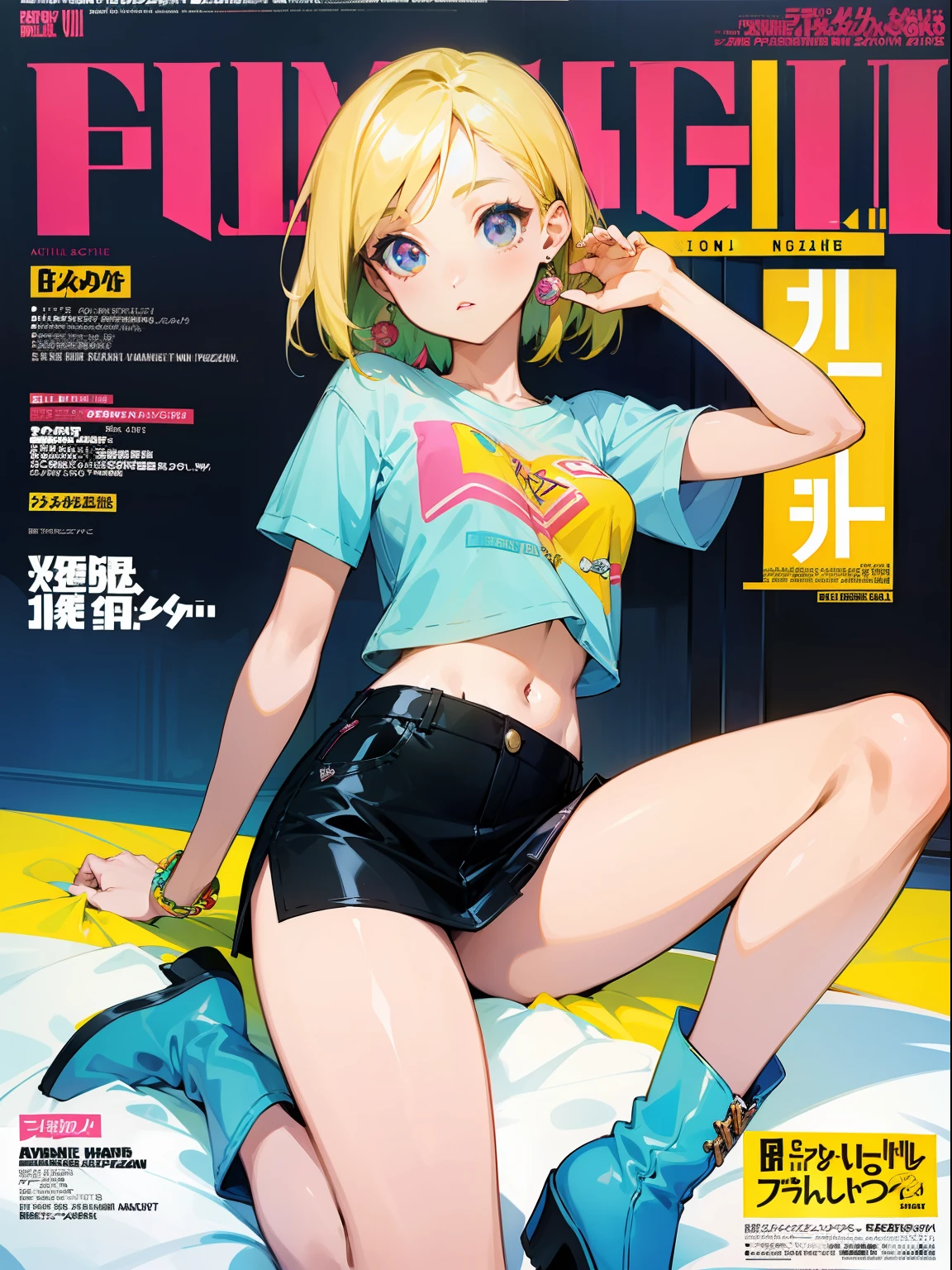 top-quality、Super beautiful girl,Bright eye,Cool feeling,(Fashion magazine Call:1.3),(Mini skirt, Navel out,graphic t-shirt, boots)、Fashion magazine cover,Fashionable、Catchy