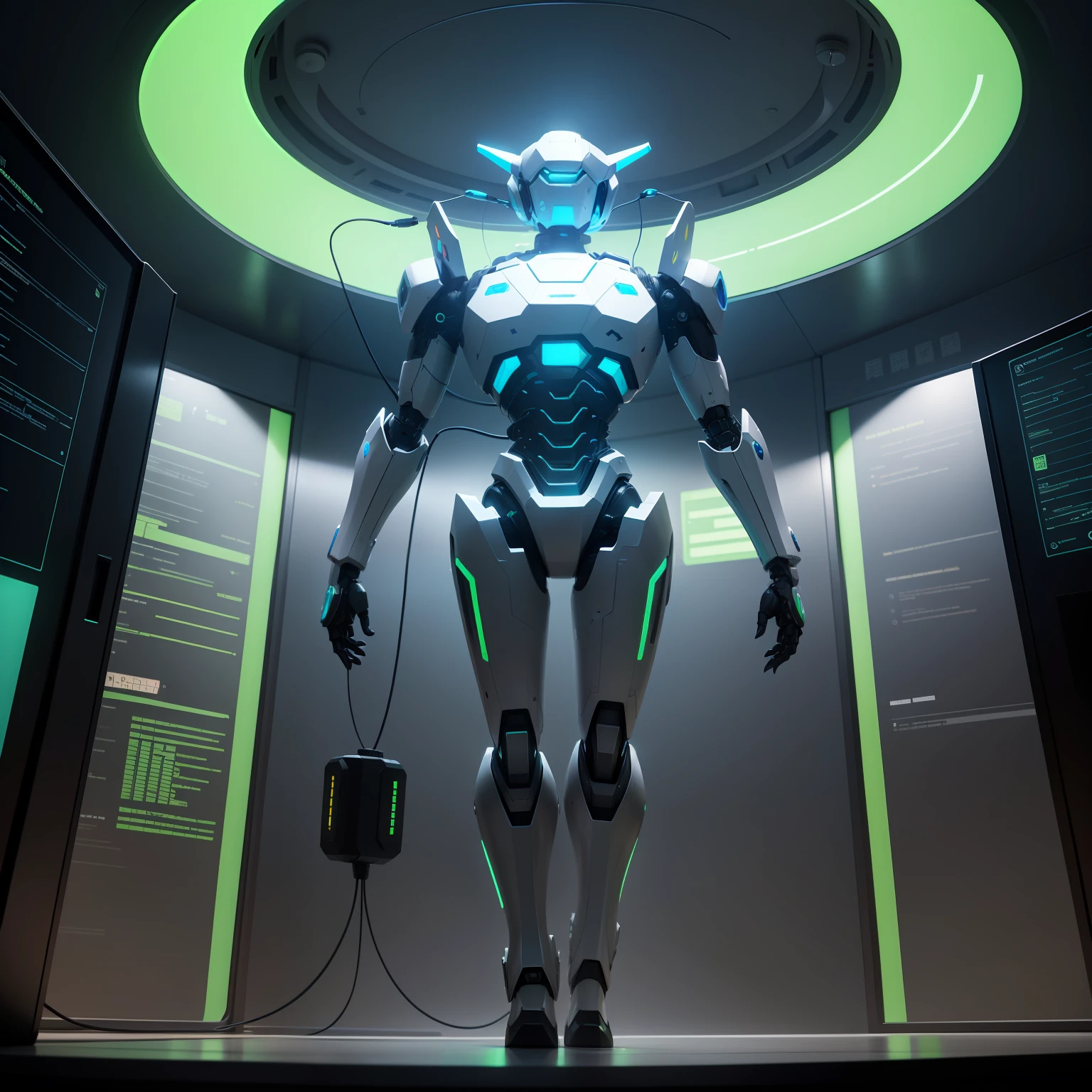 The central robot shape needs to be more concise，Simple structure，Has a glossy metallic appearance，Robot standing in a virtual transparent laboratory，Hold a colored data cable，Data analysis and optimization are ongoing。greenish tinge，Colorful light，Futuristic sci-fi sense，
